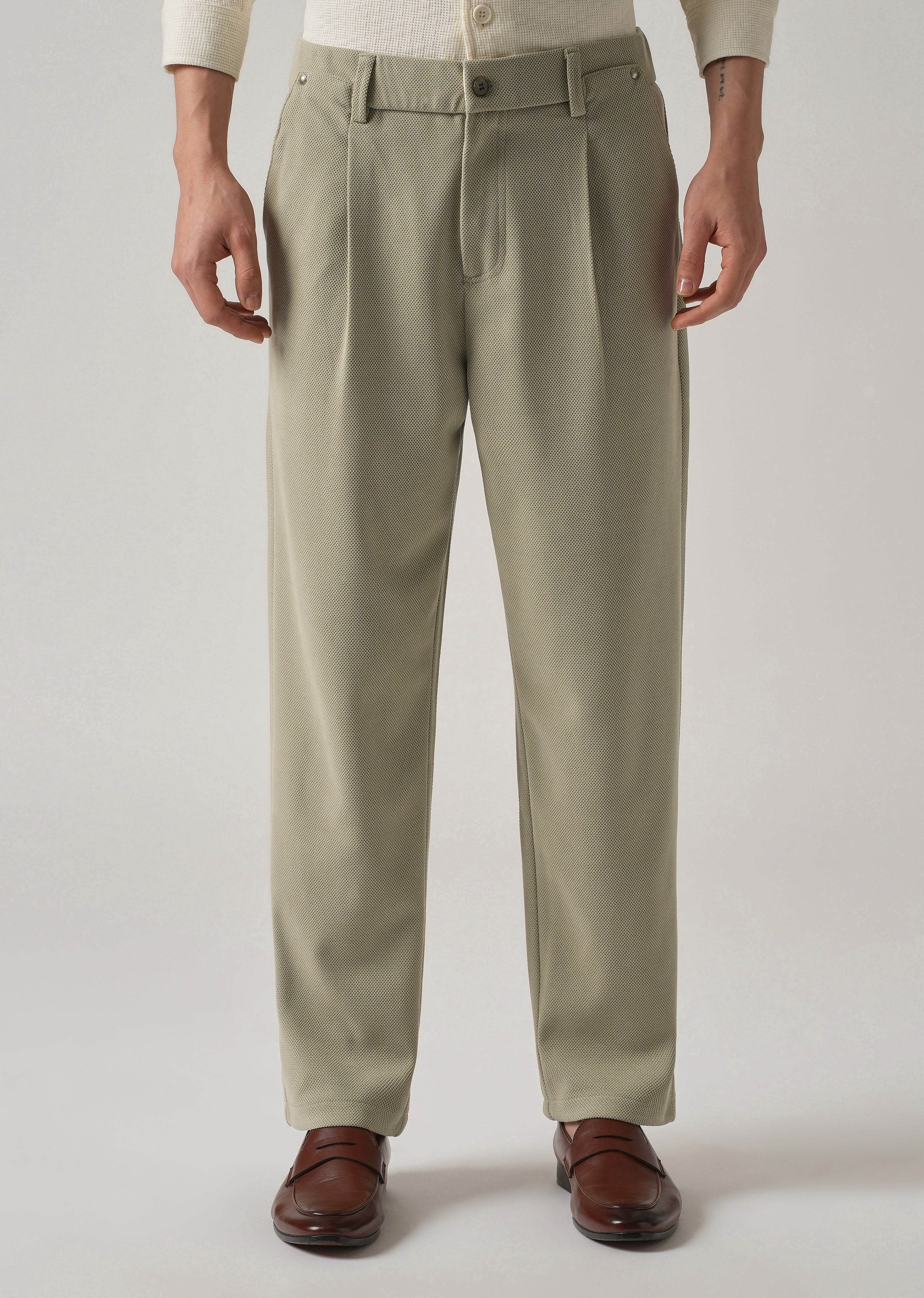 Light Green Textured Pleated Relaxed Fit Pant