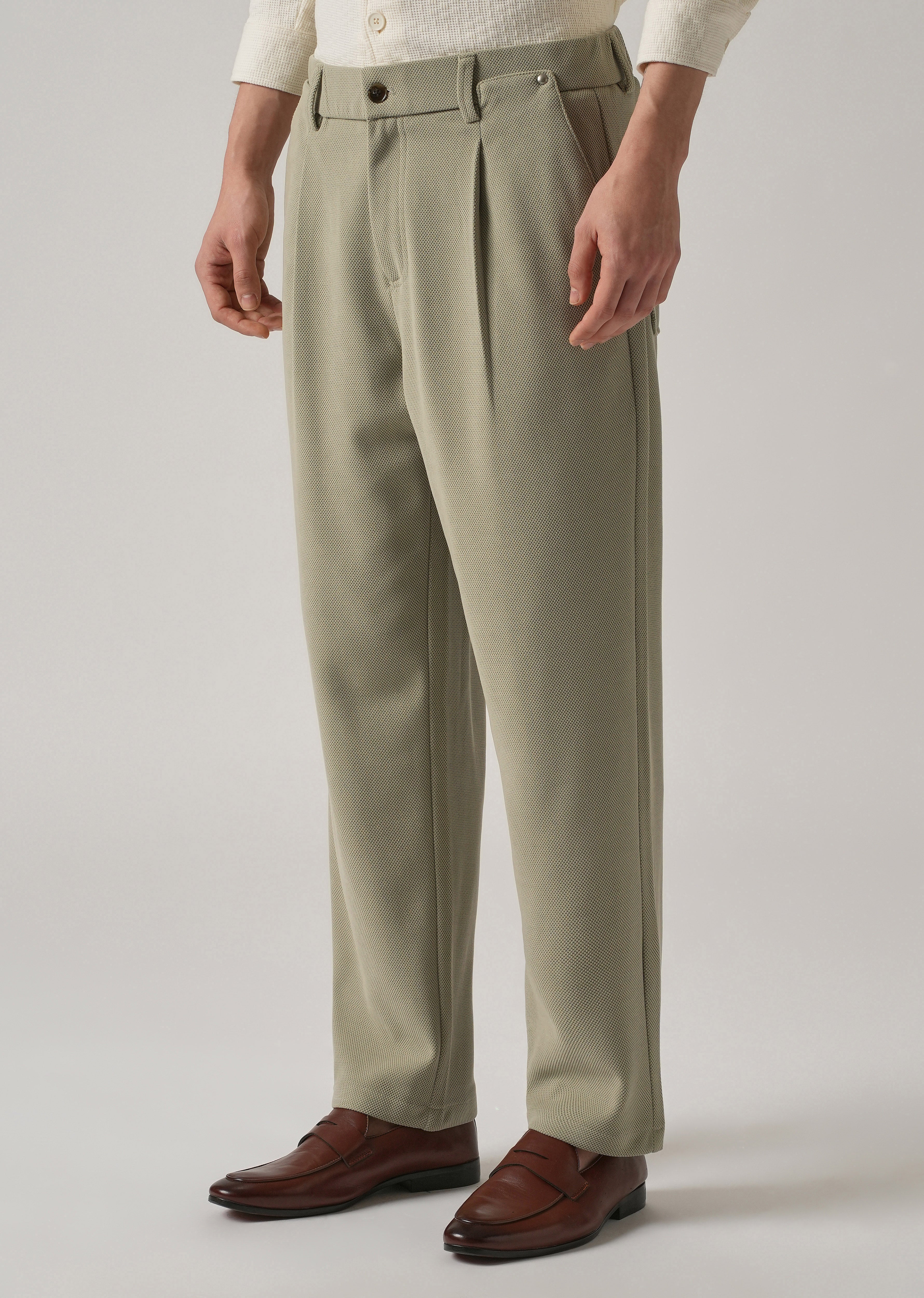 Light Green Textured Pleated Relaxed Fit Pant