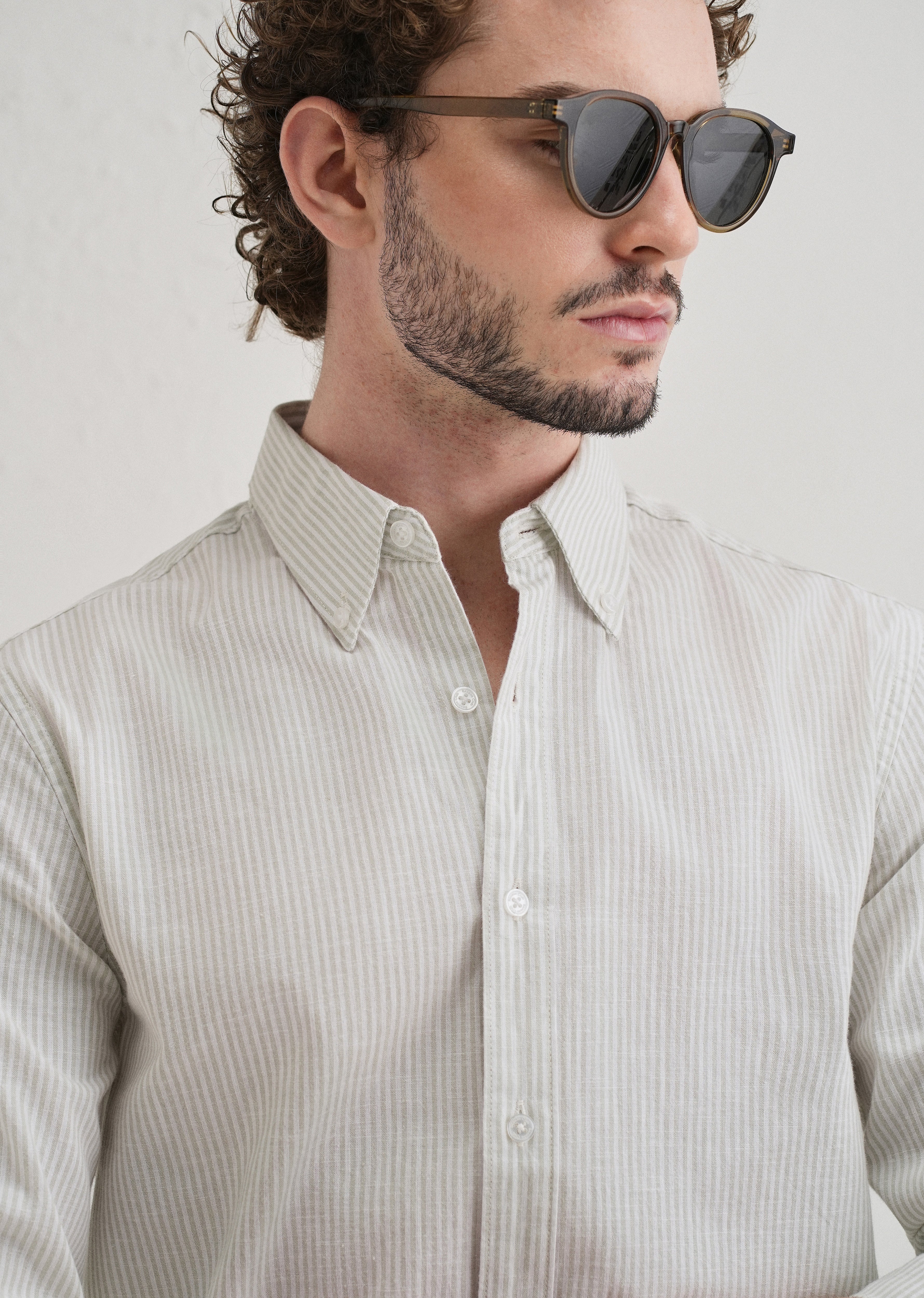 Light Green Striped Cotton Linen Shirt