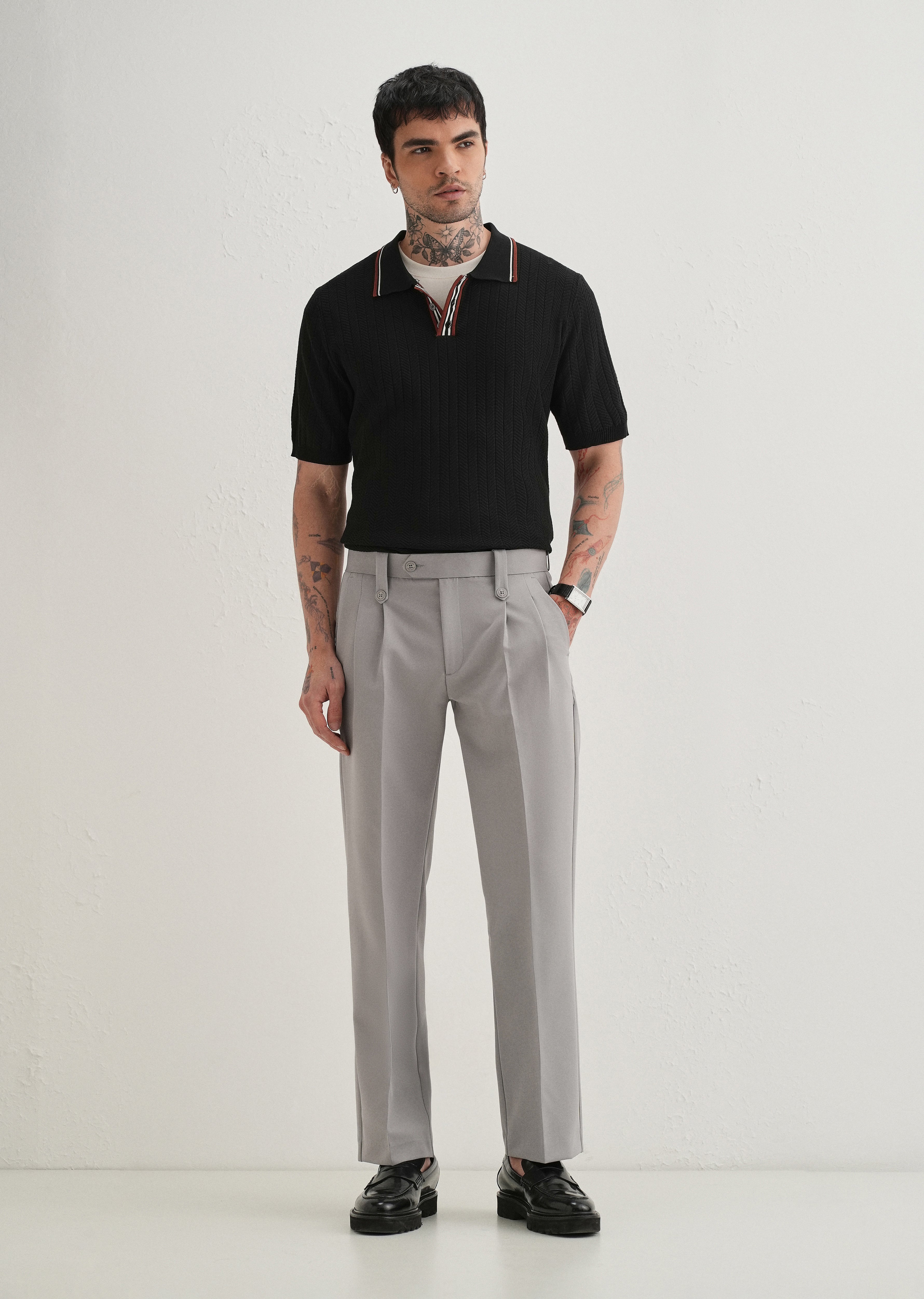 Light Grey Button-Tab Pleat Trouser