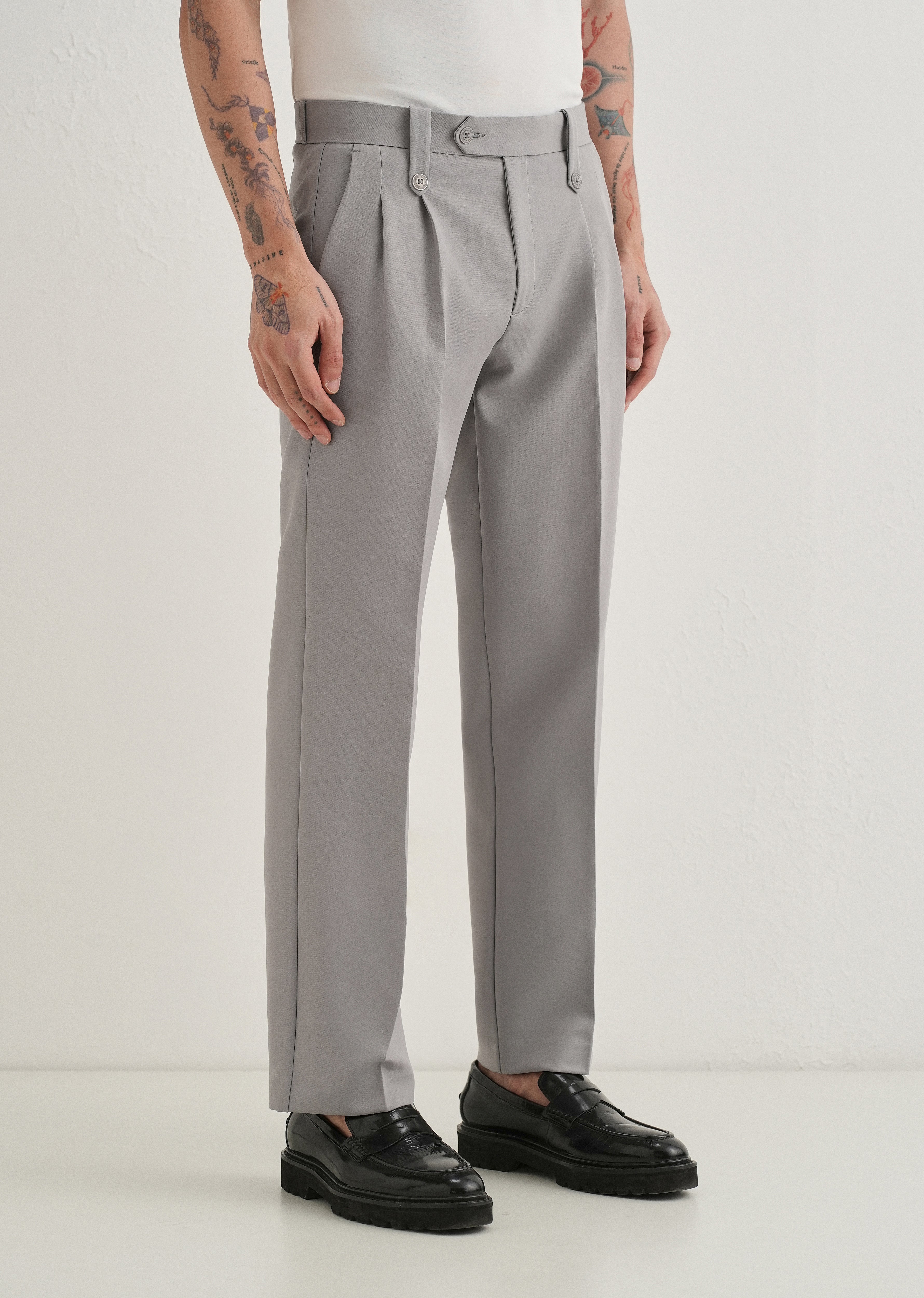 Light Grey Button-Tab Pleat Trouser