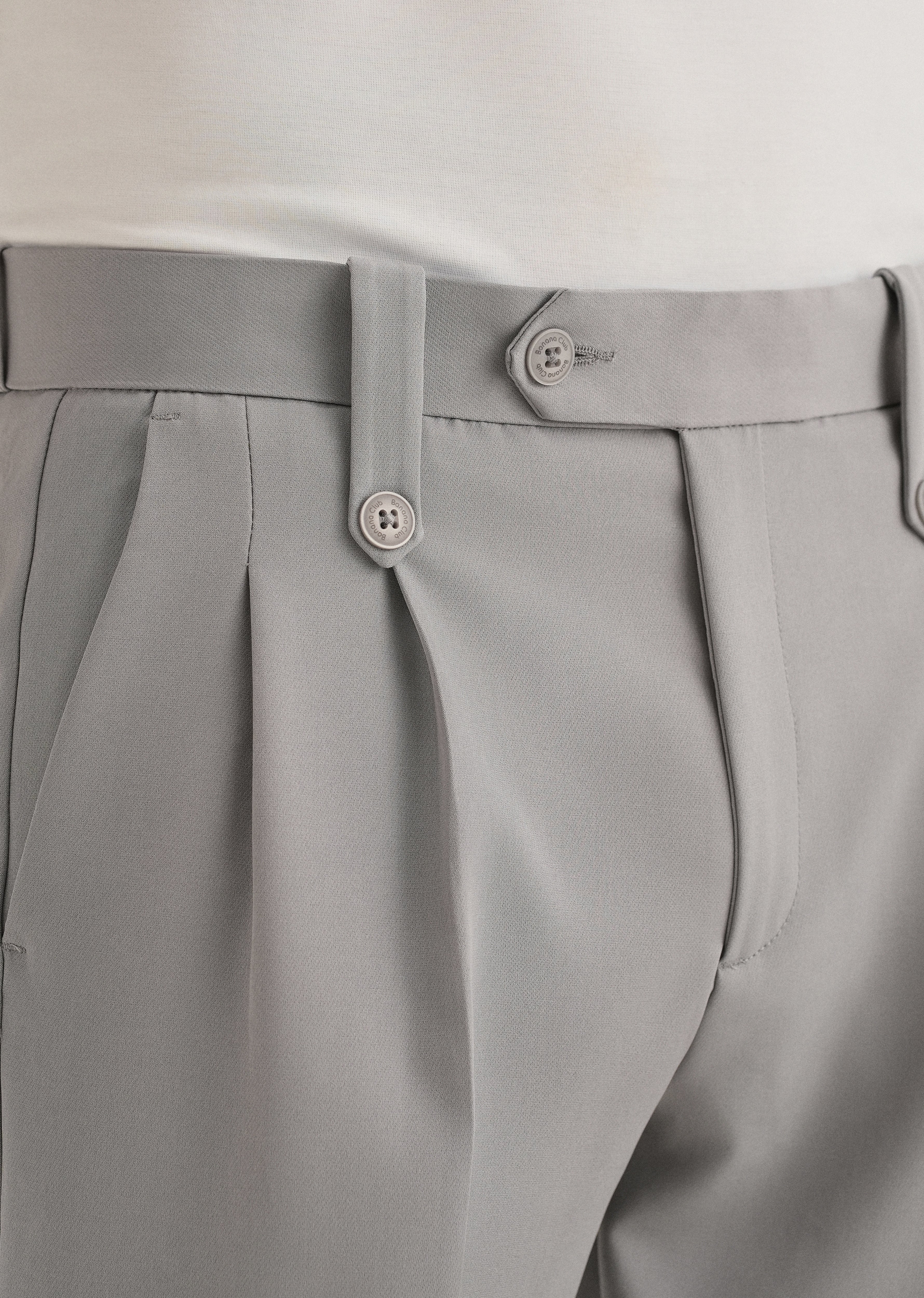 Light Grey Button-Tab Pleat Trouser