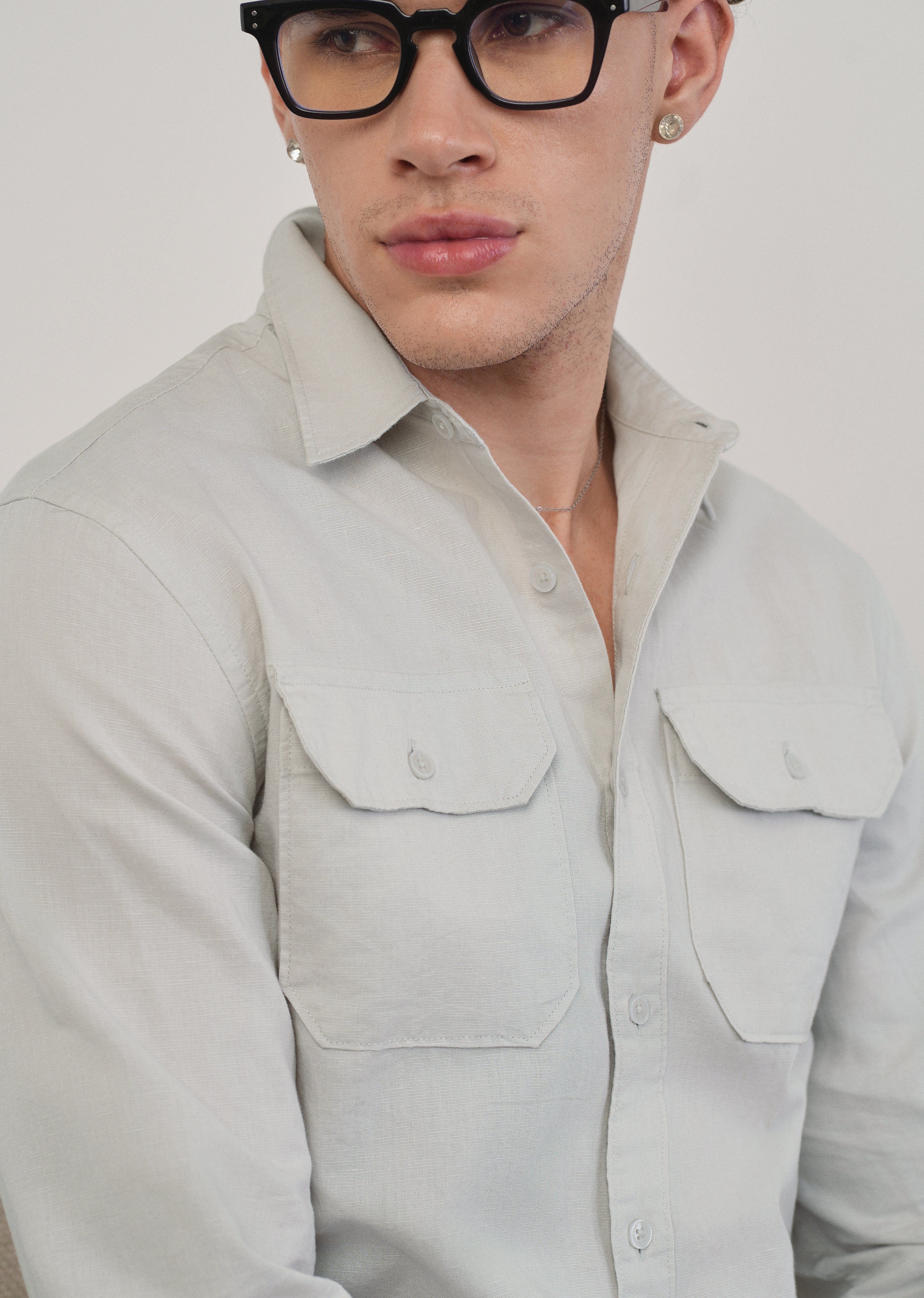 Light Grey Cotton Linen Flap Pocket Shirt