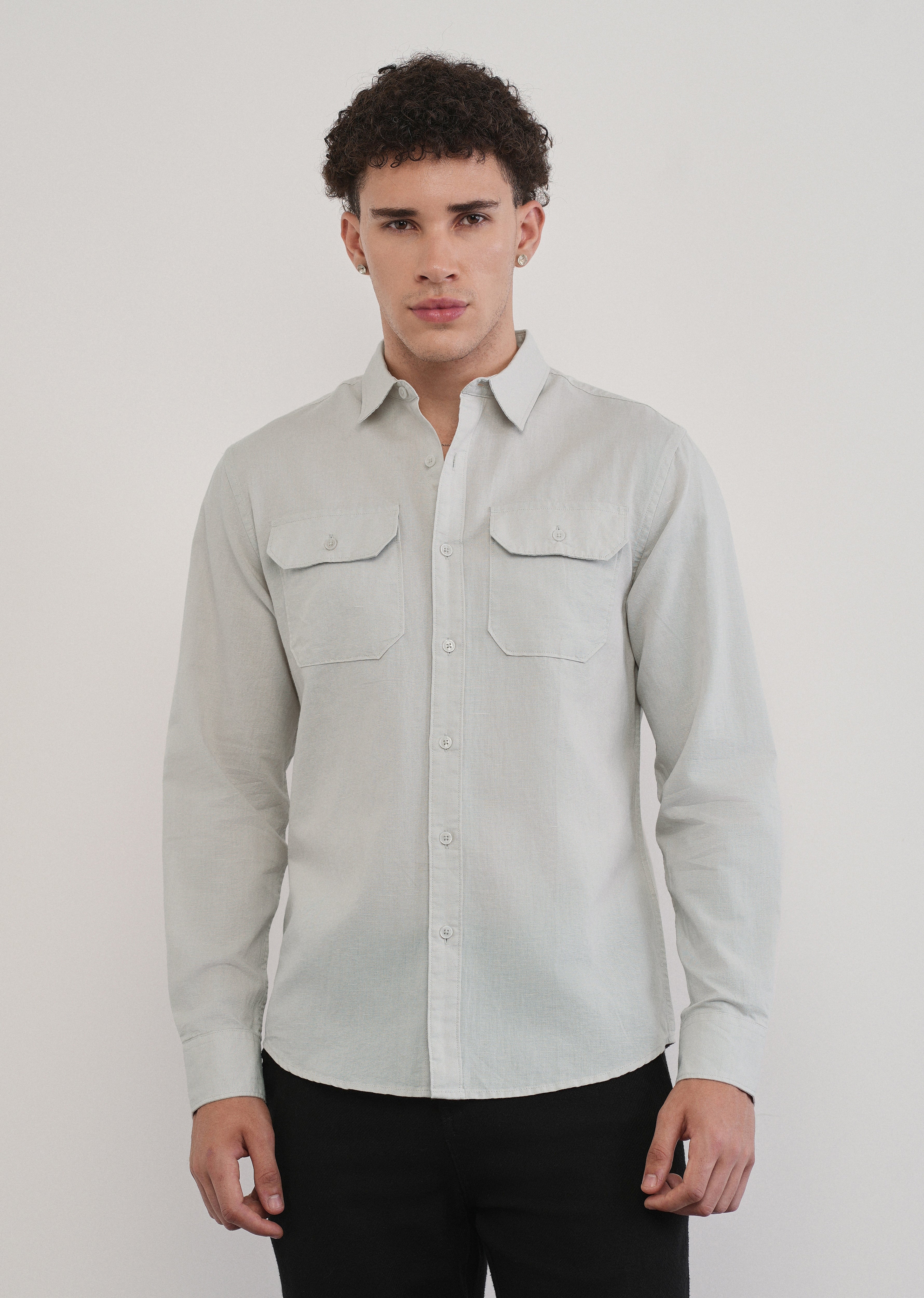 Light Grey Cotton Linen Flap Pocket Shirt