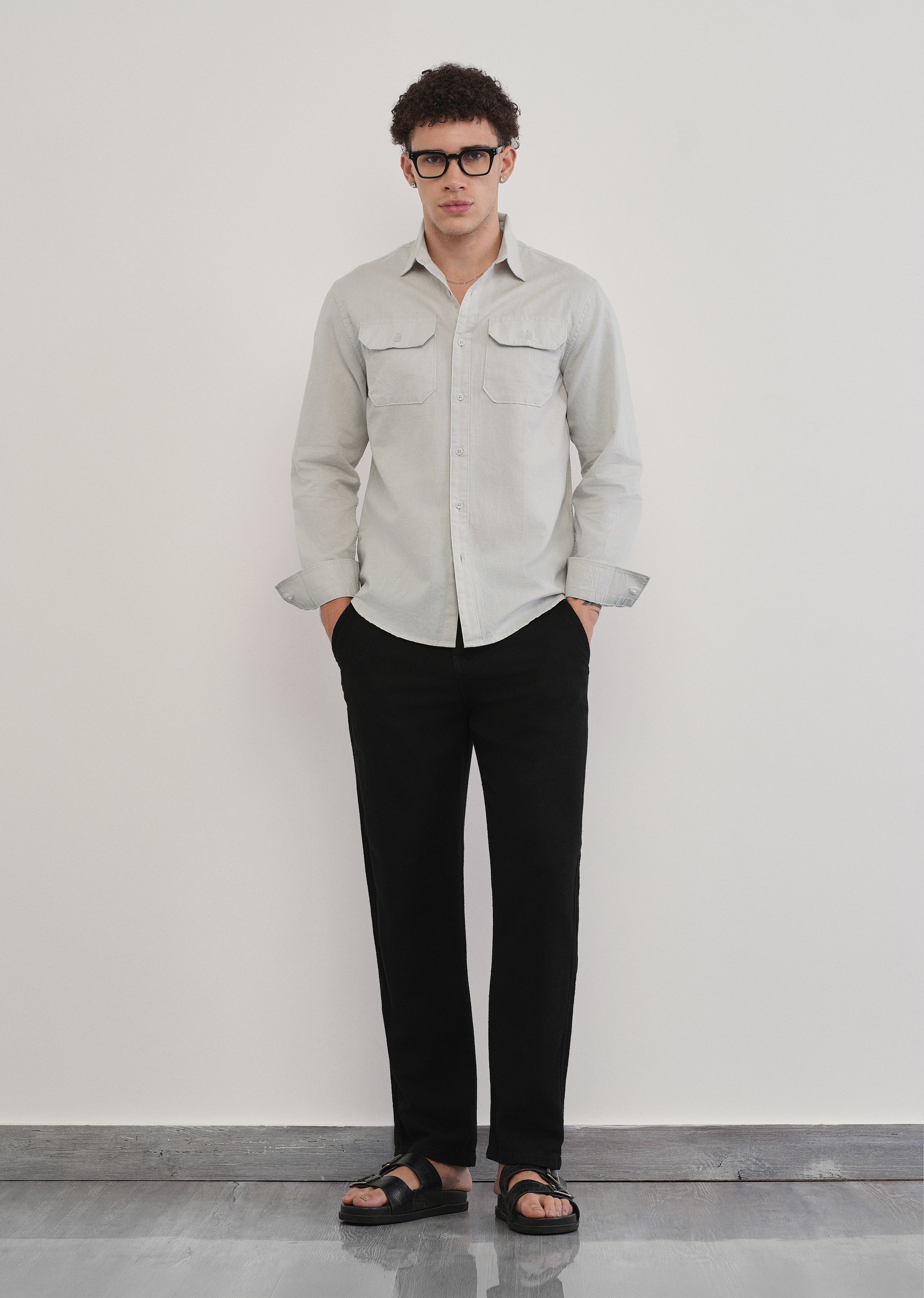 Light Grey Cotton Linen Flap Pocket Shirt