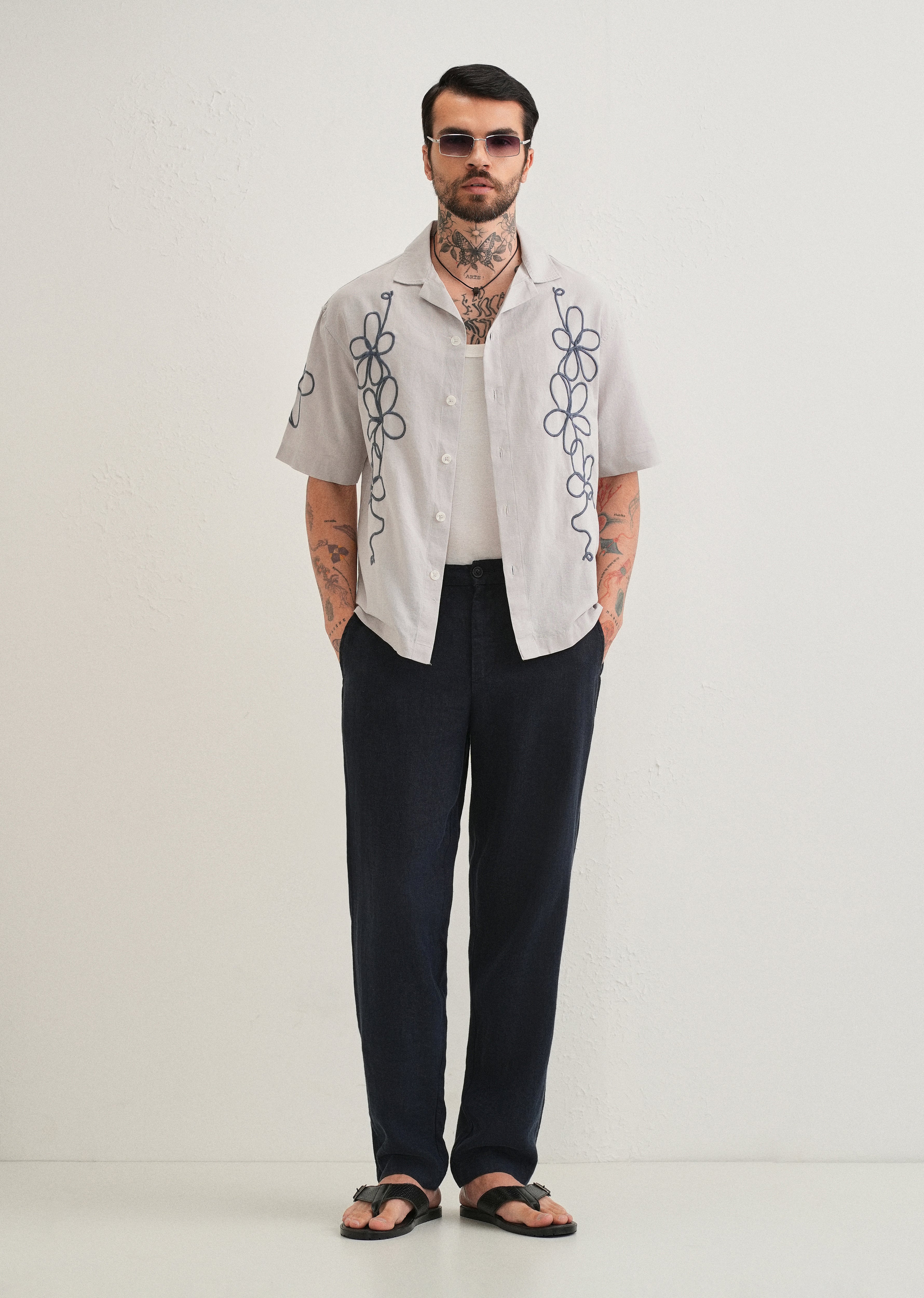 Light Grey Floral Embroidery Cuban Collar Shirt
