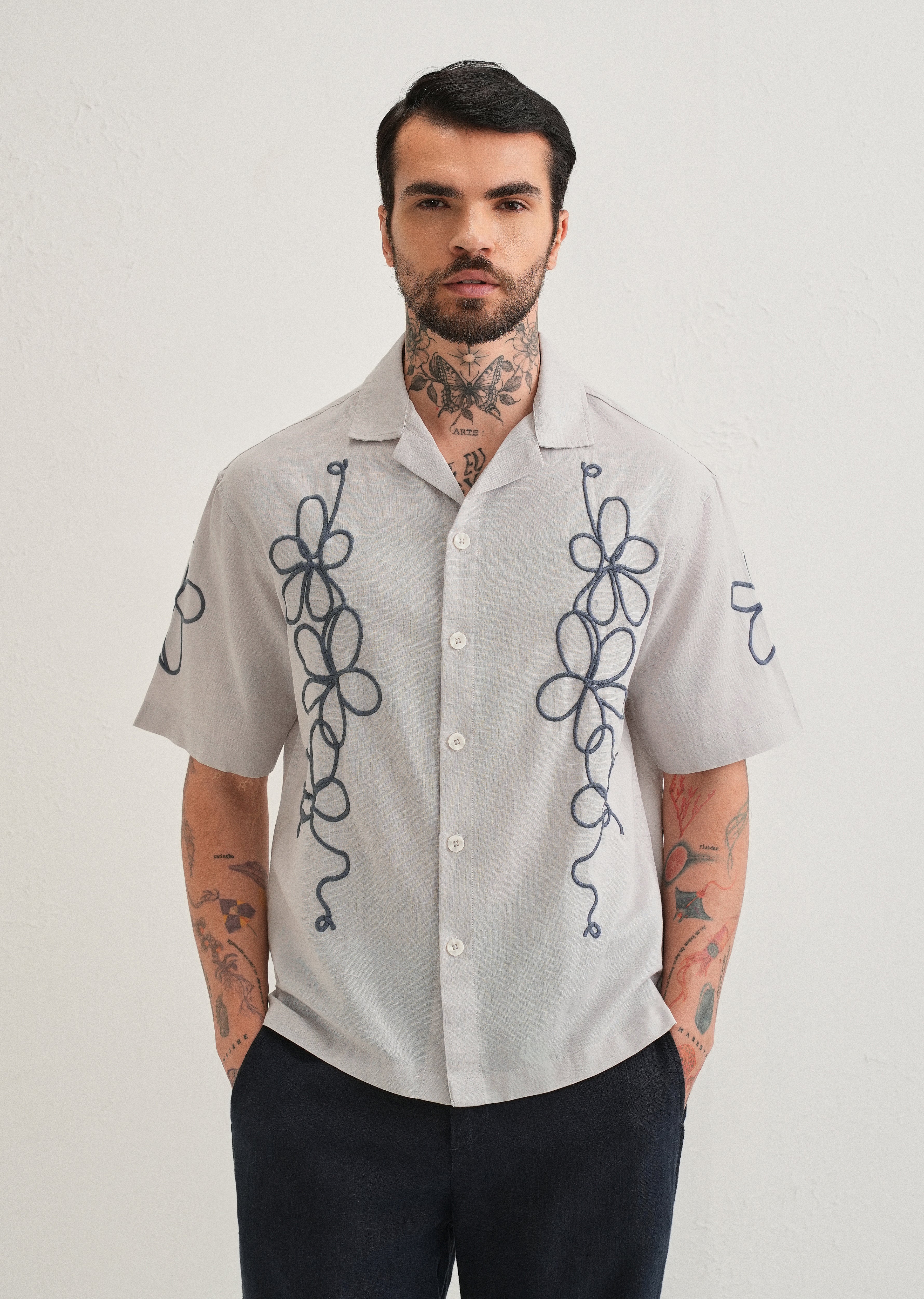 Light Grey Floral Embroidery Cuban Collar Shirt