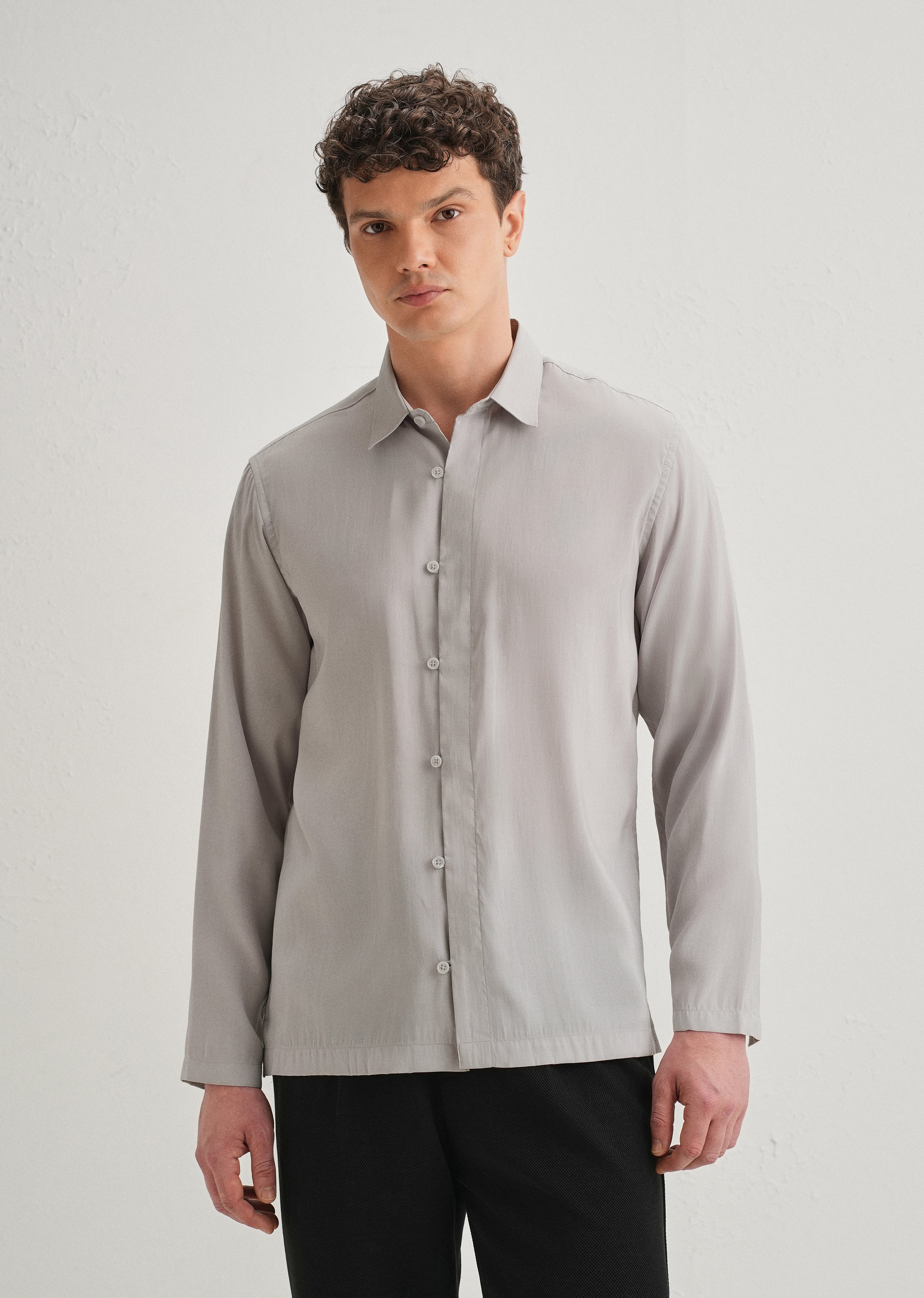 Light Grey Loop Button-Down Plain Shirt