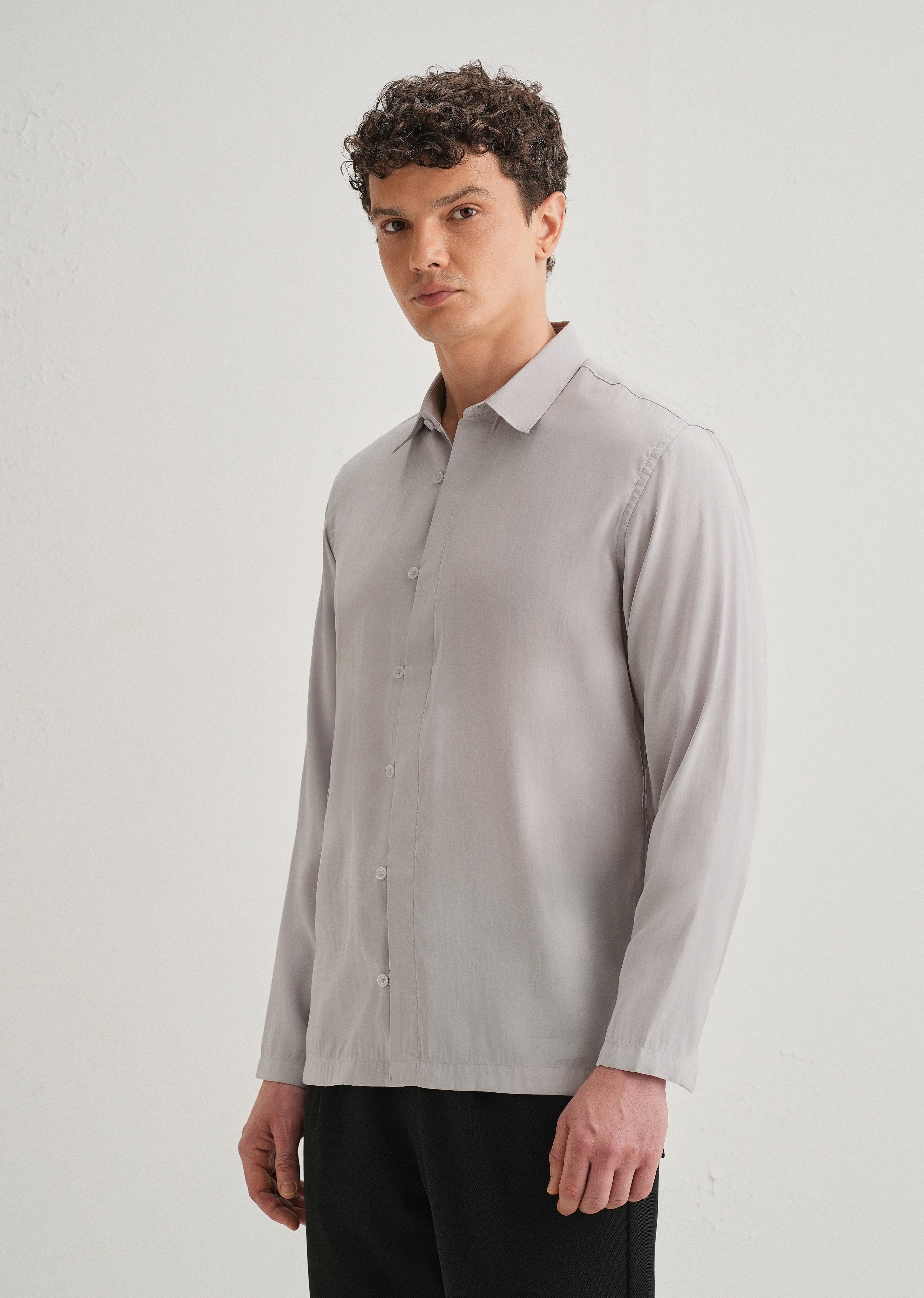 Light Grey Loop Button-Down Plain Shirt