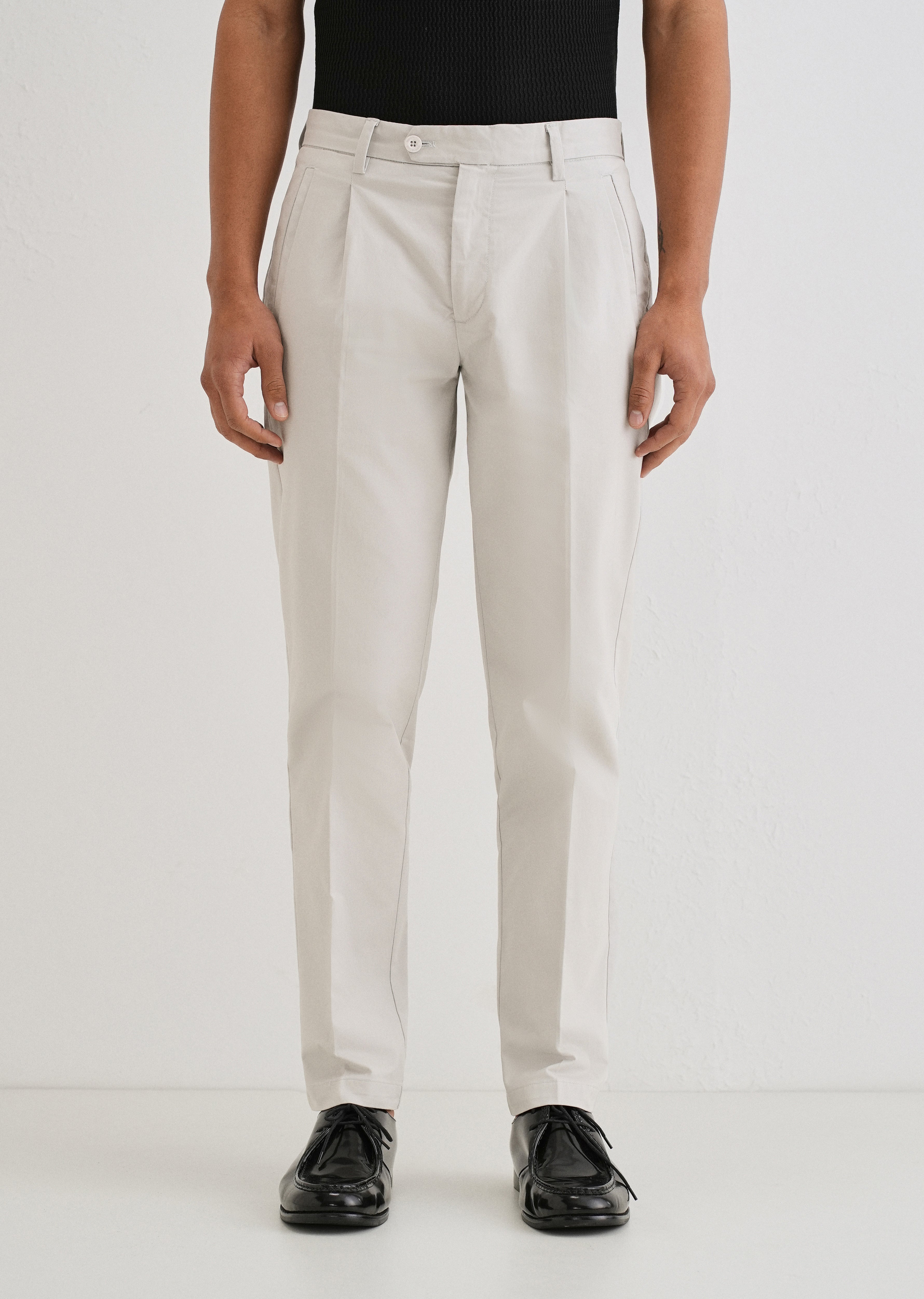 Light Grey Plain Pleated Chinos