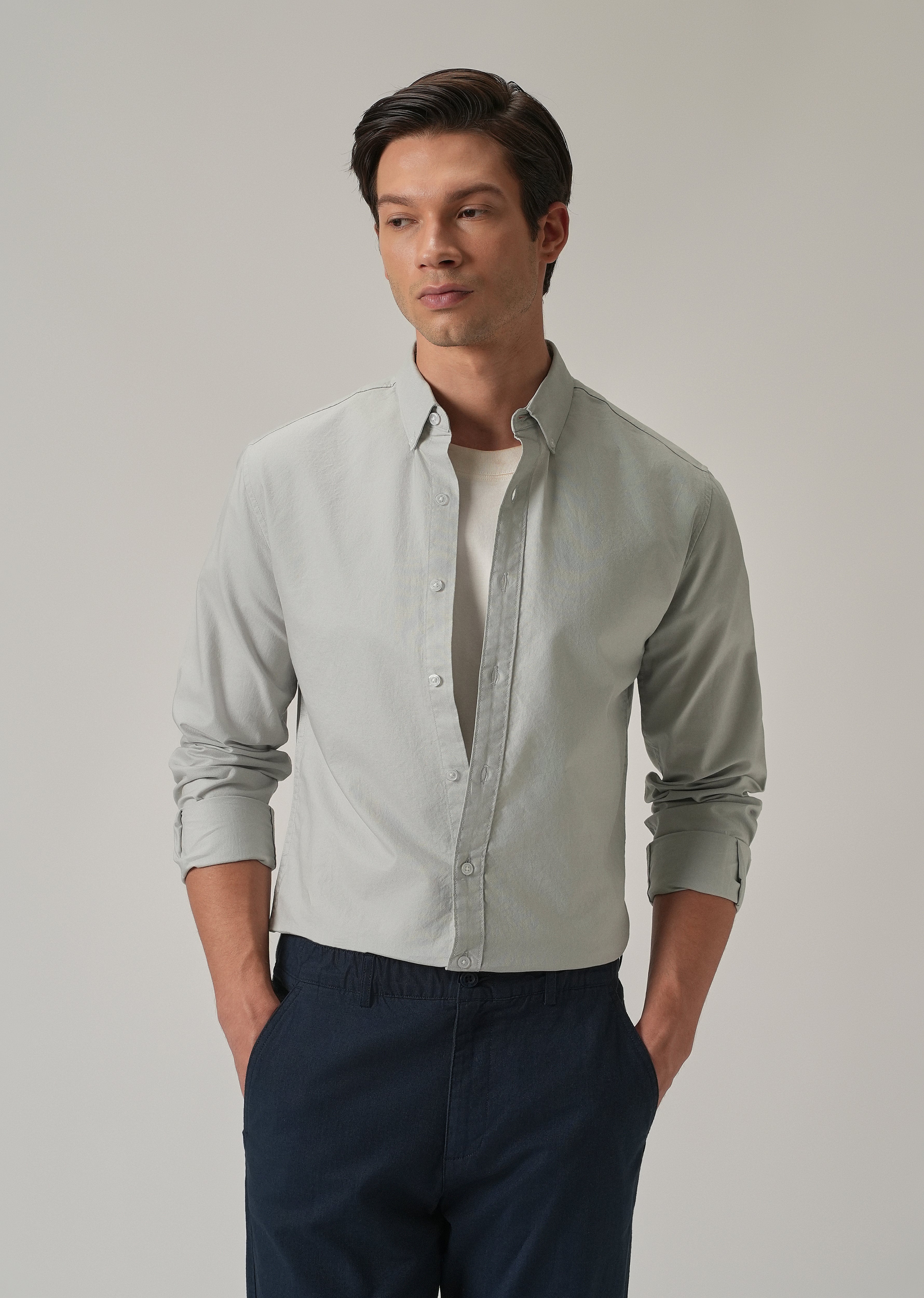 Light Grey Plain Elbow Patch Oxford Shirt