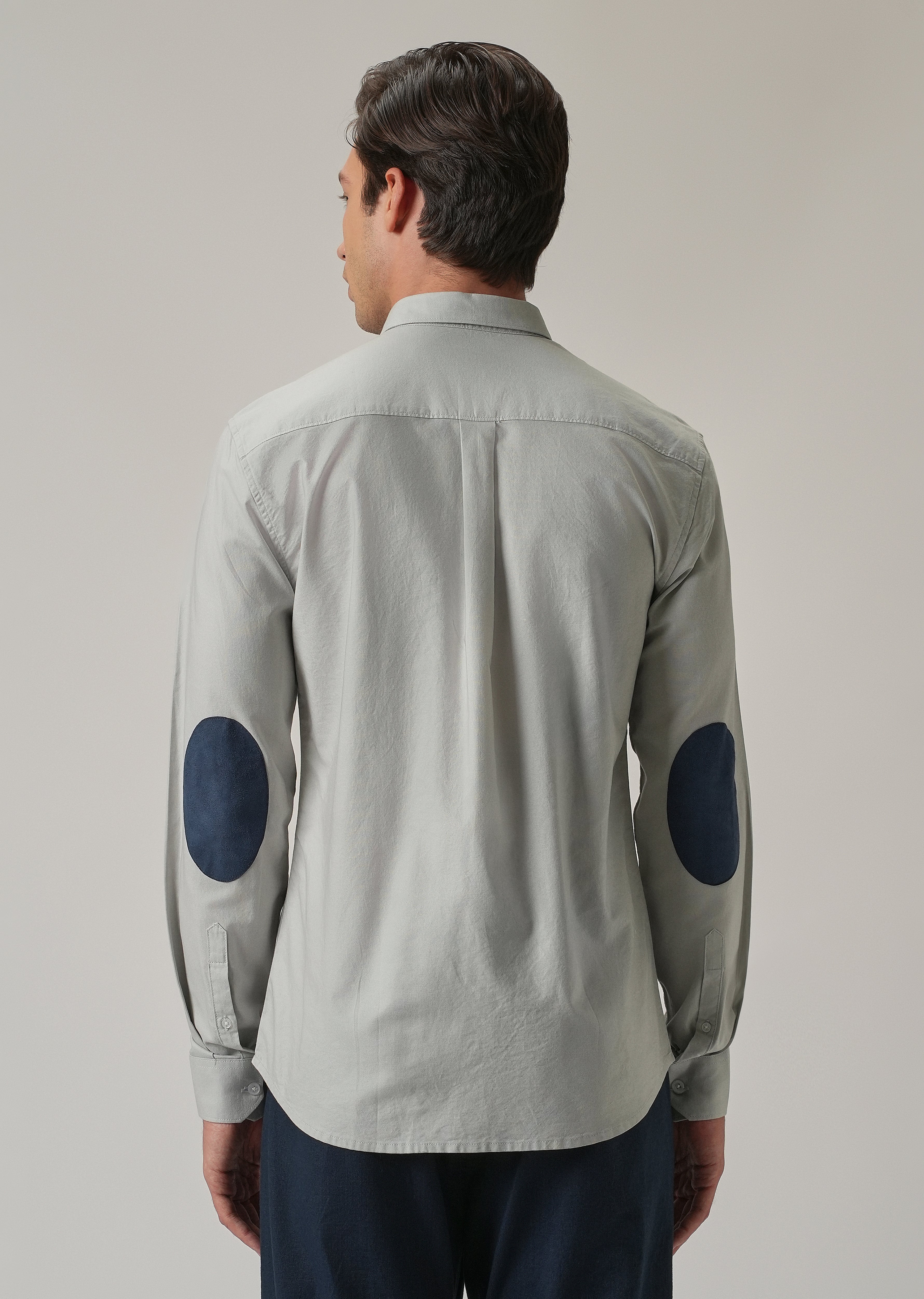 Light Grey Plain Elbow Patch Oxford Shirt