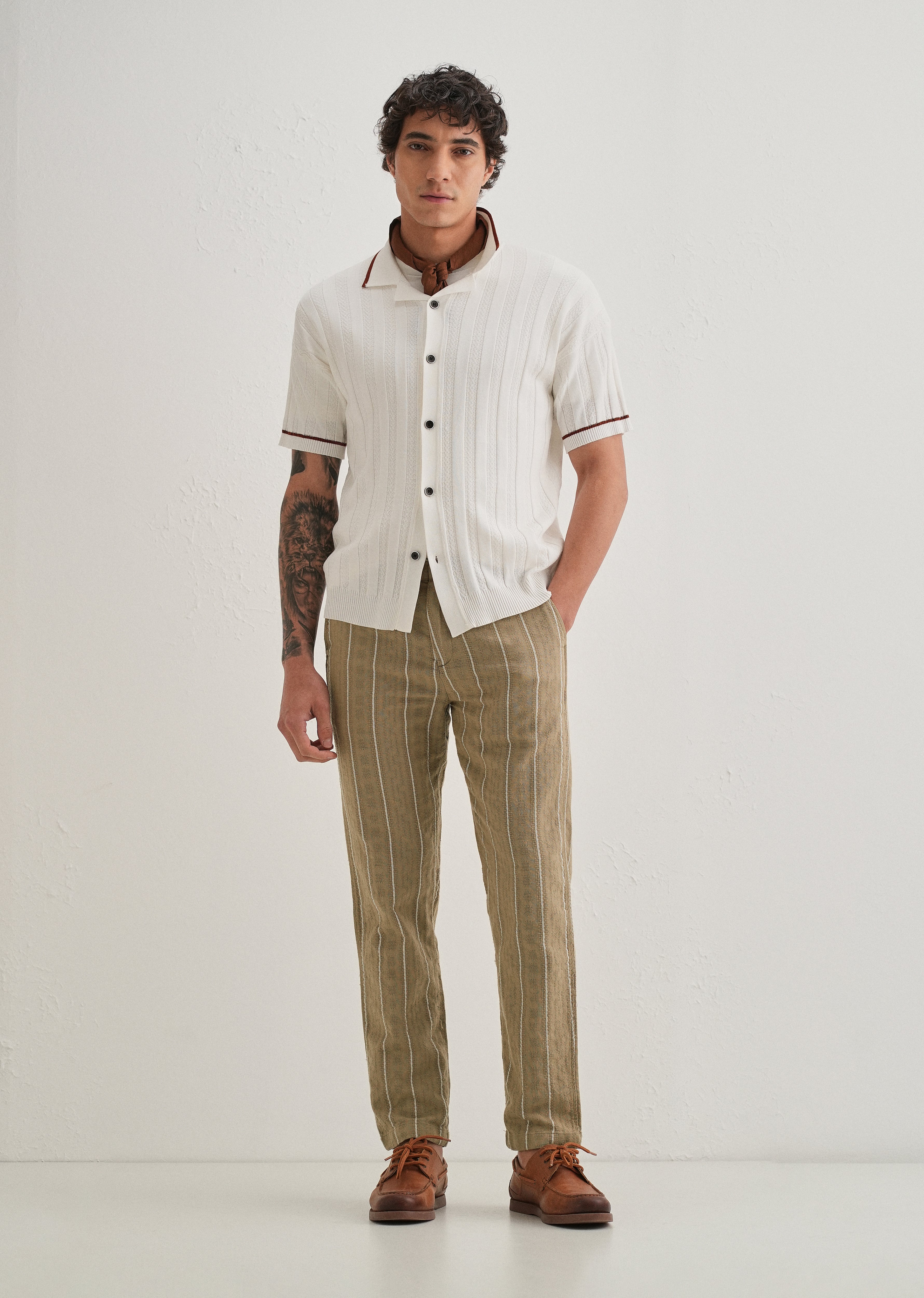 Light Khaki Dobby Cotton Stripe Pants