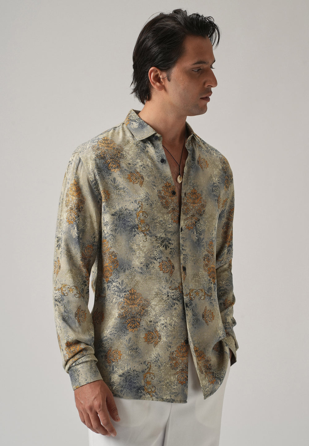 Light Olive Floral Print Feather Shirt