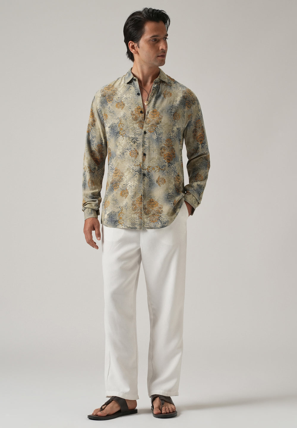Light Olive Floral Print Feather Shirt