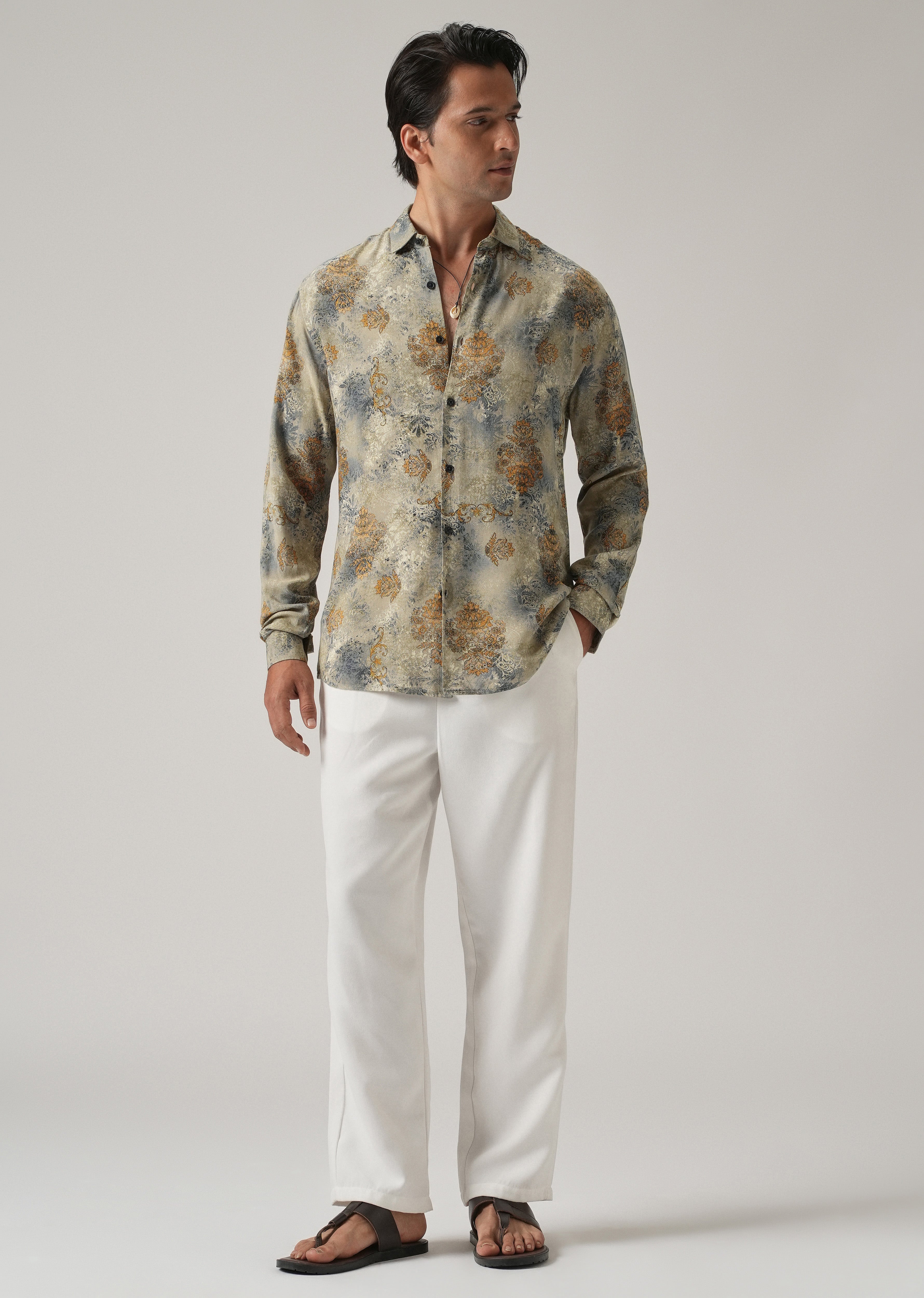 Light Olive Floral Print Feather Shirt
