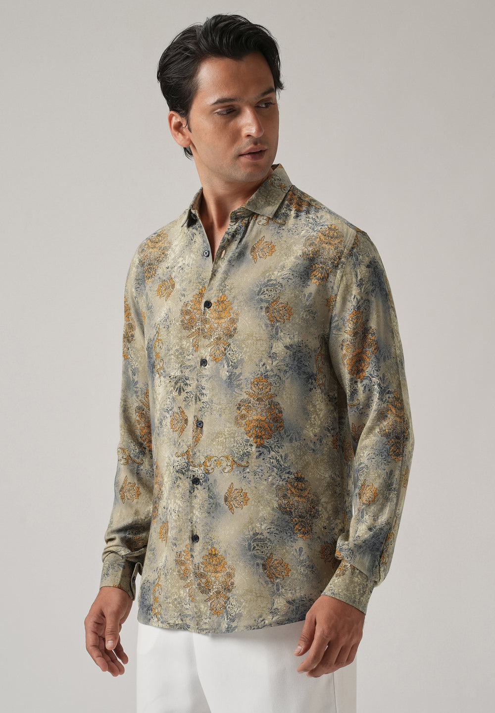 Light Olive Floral Print Feather Shirt