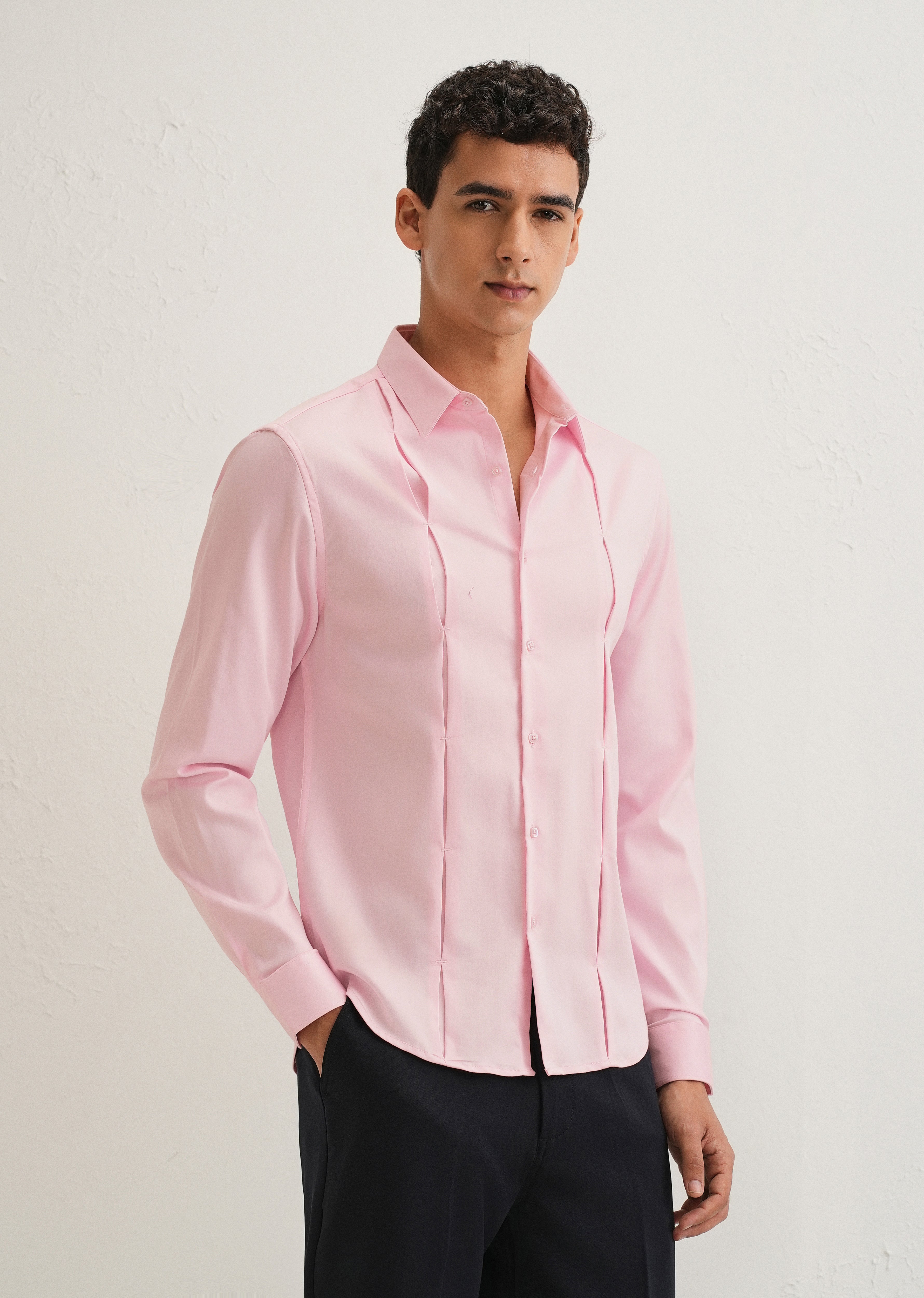 Light Pink Front Panel Open Pleat Shirt