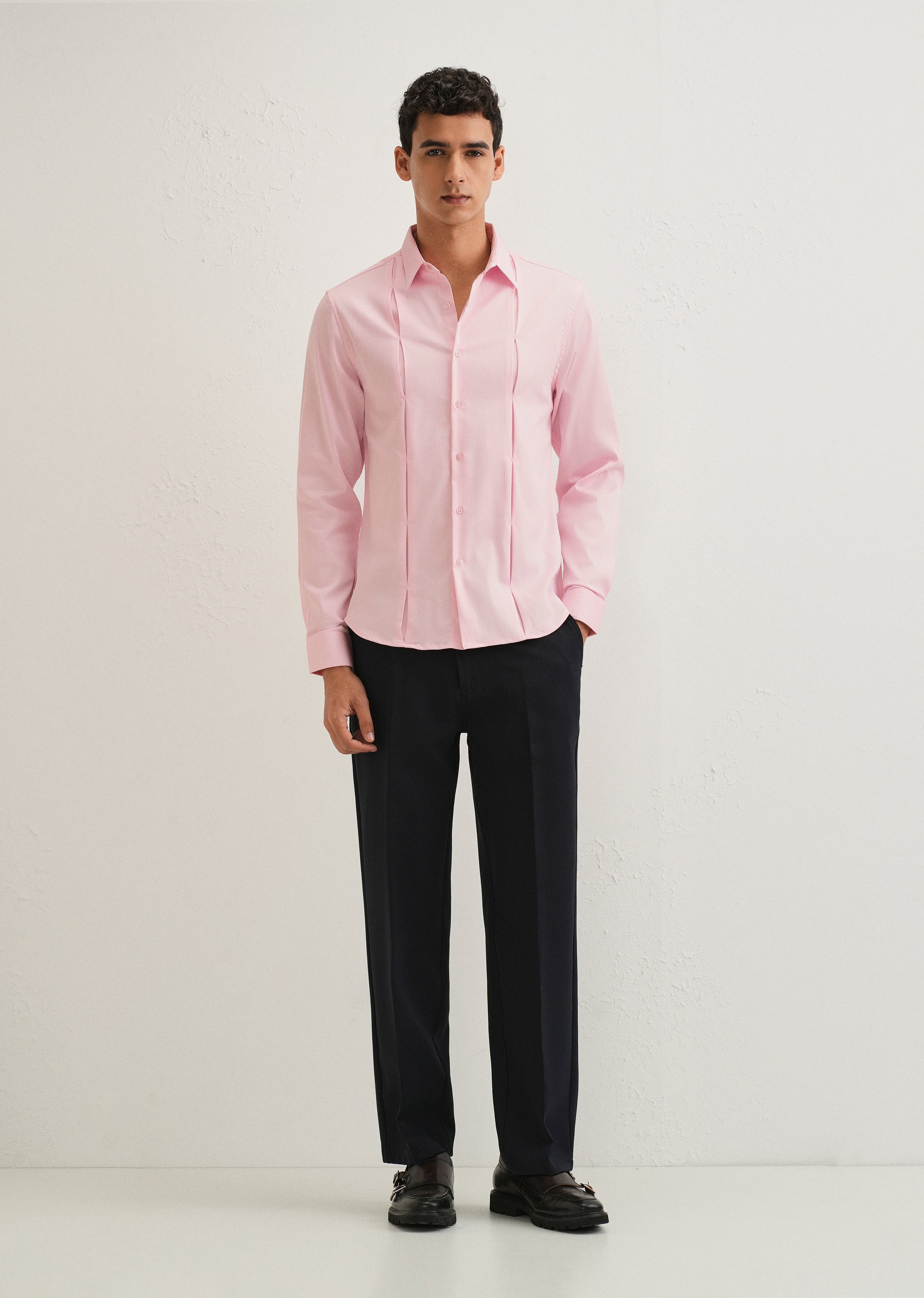 Light Pink Front Panel Open Pleat Shirt