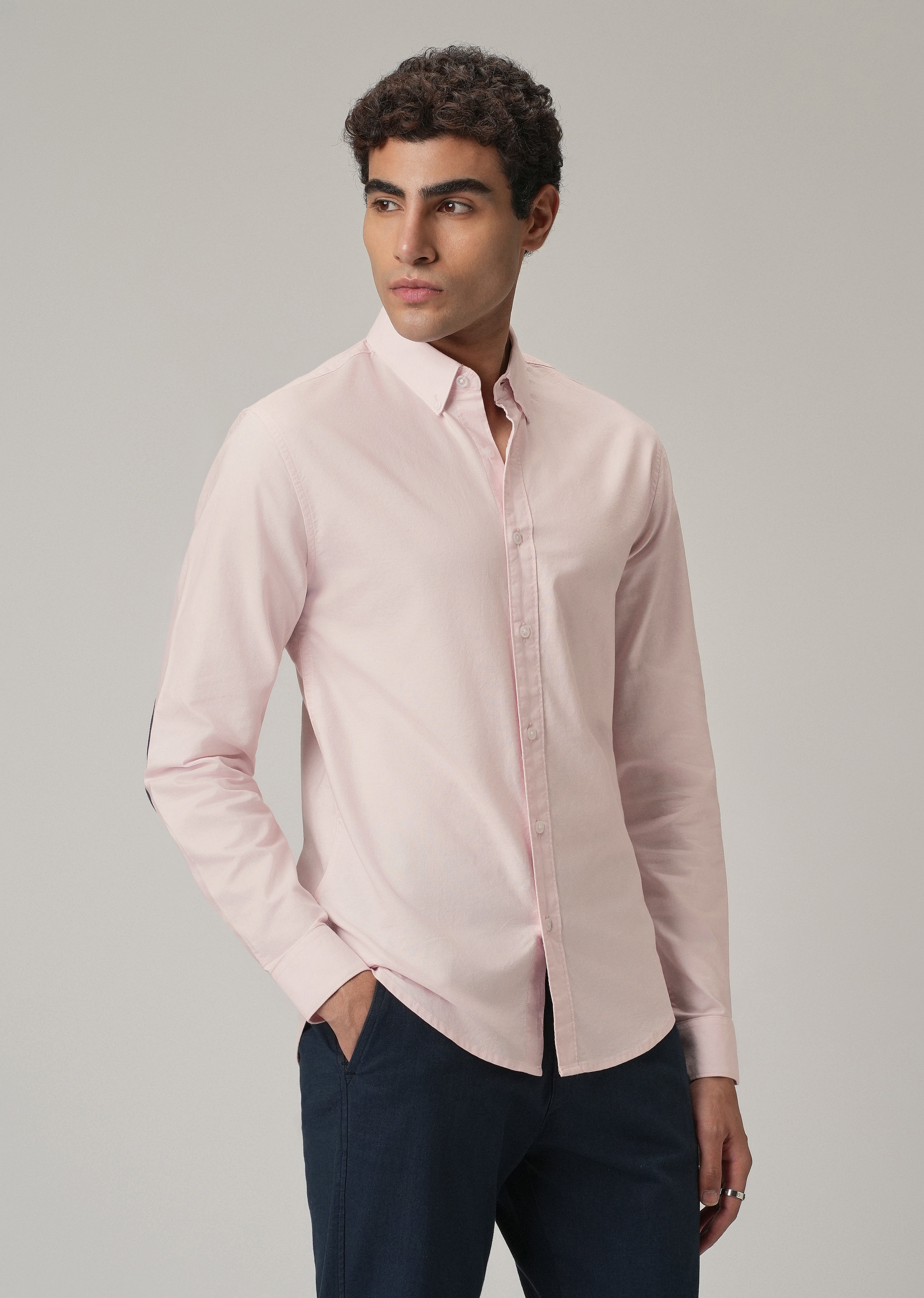Light Pink Plain Elbow Patch Oxford Shirt