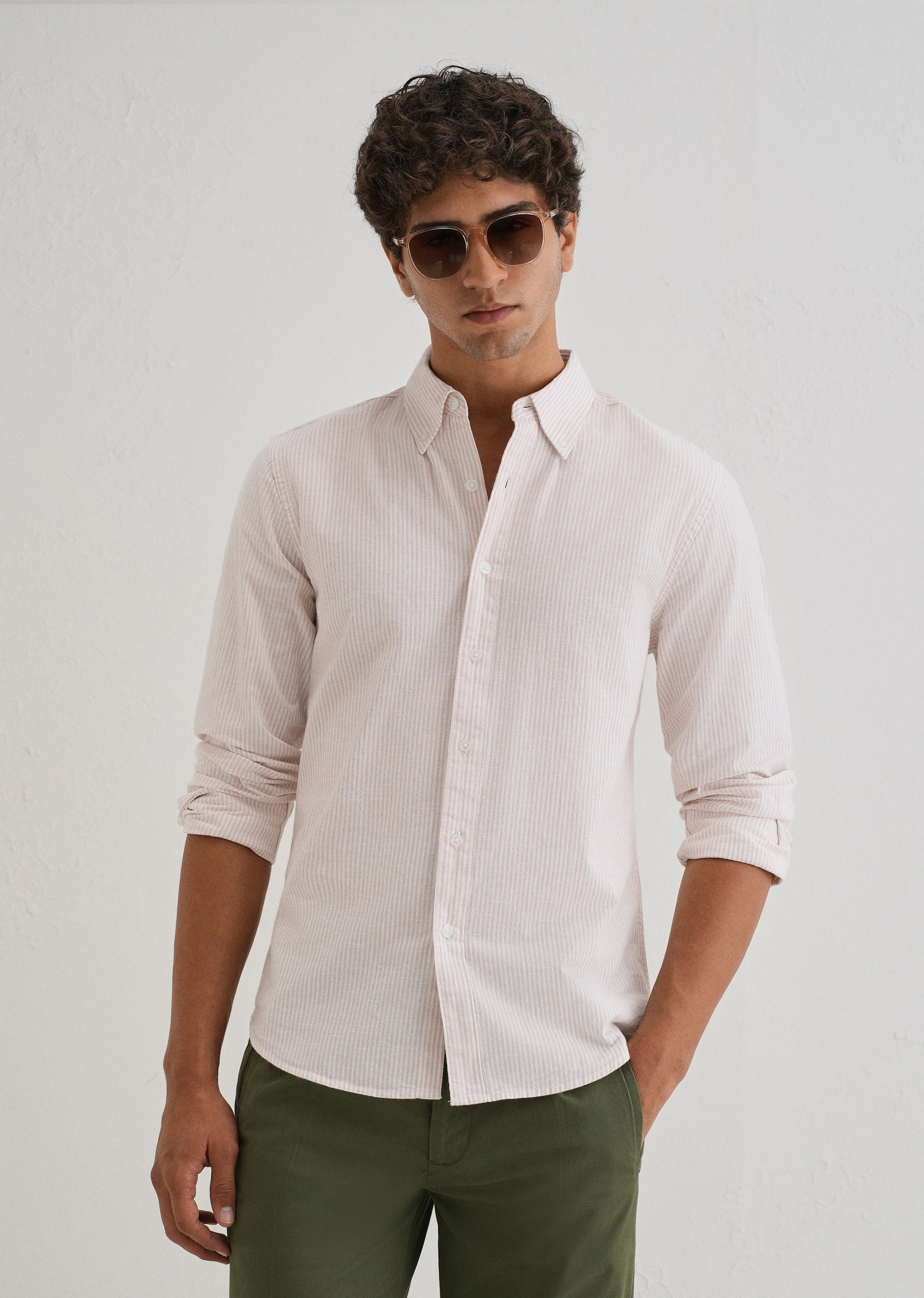 Light Pink Striped Cotton Linen Shirt