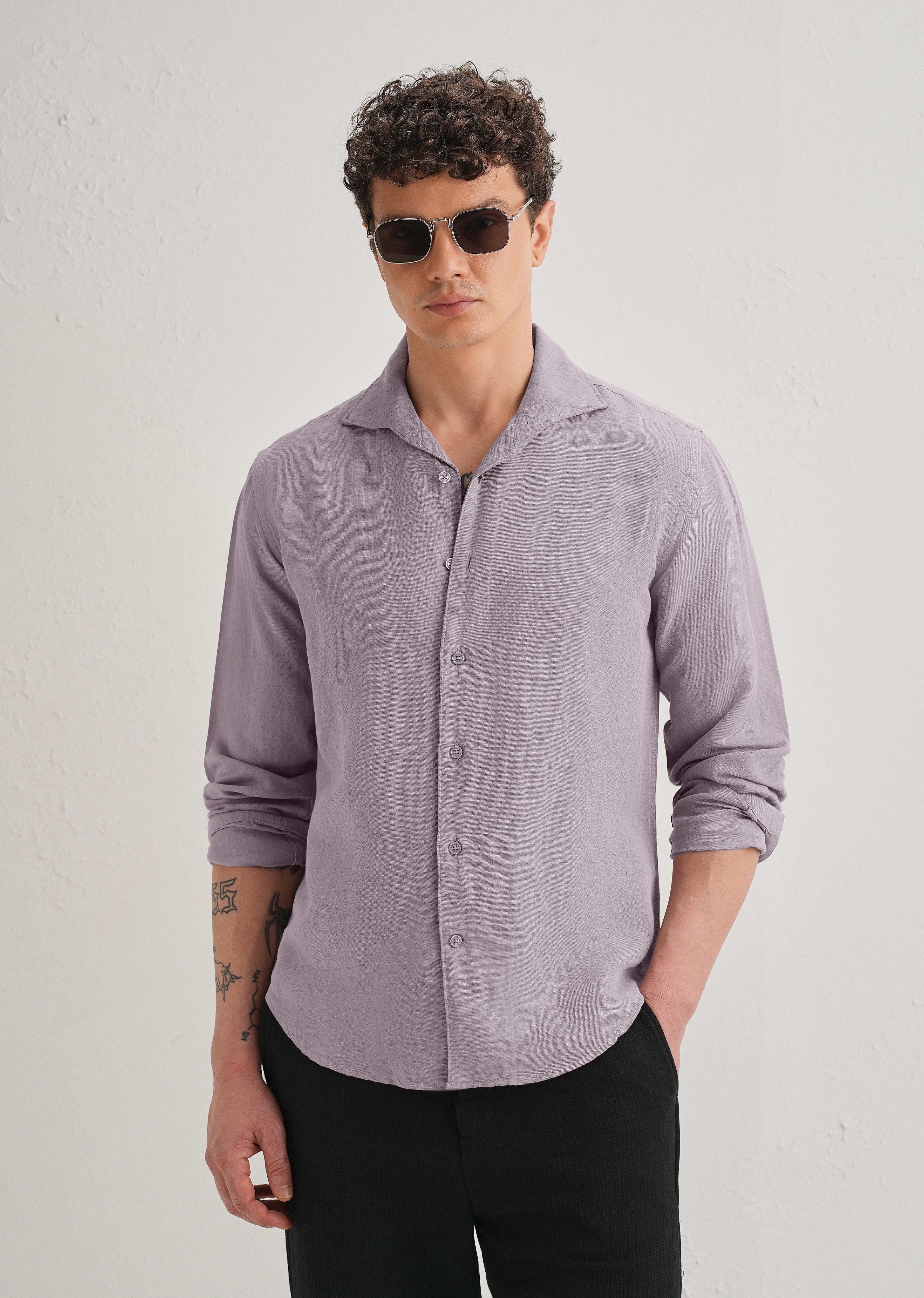 Light Purple Plain Linen Viscose Shirt