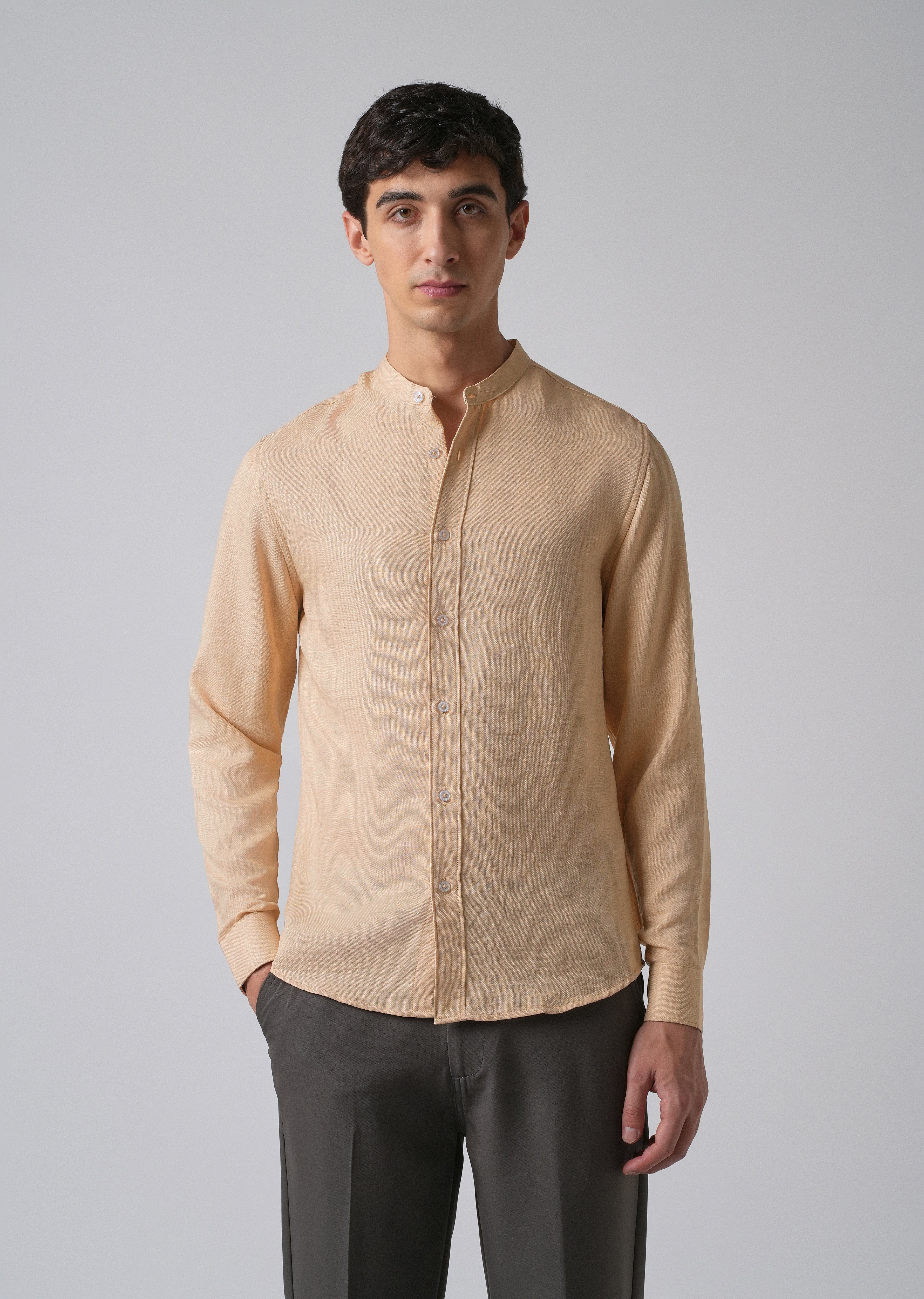 Light Tan Plain Mandarin Collar Shirt