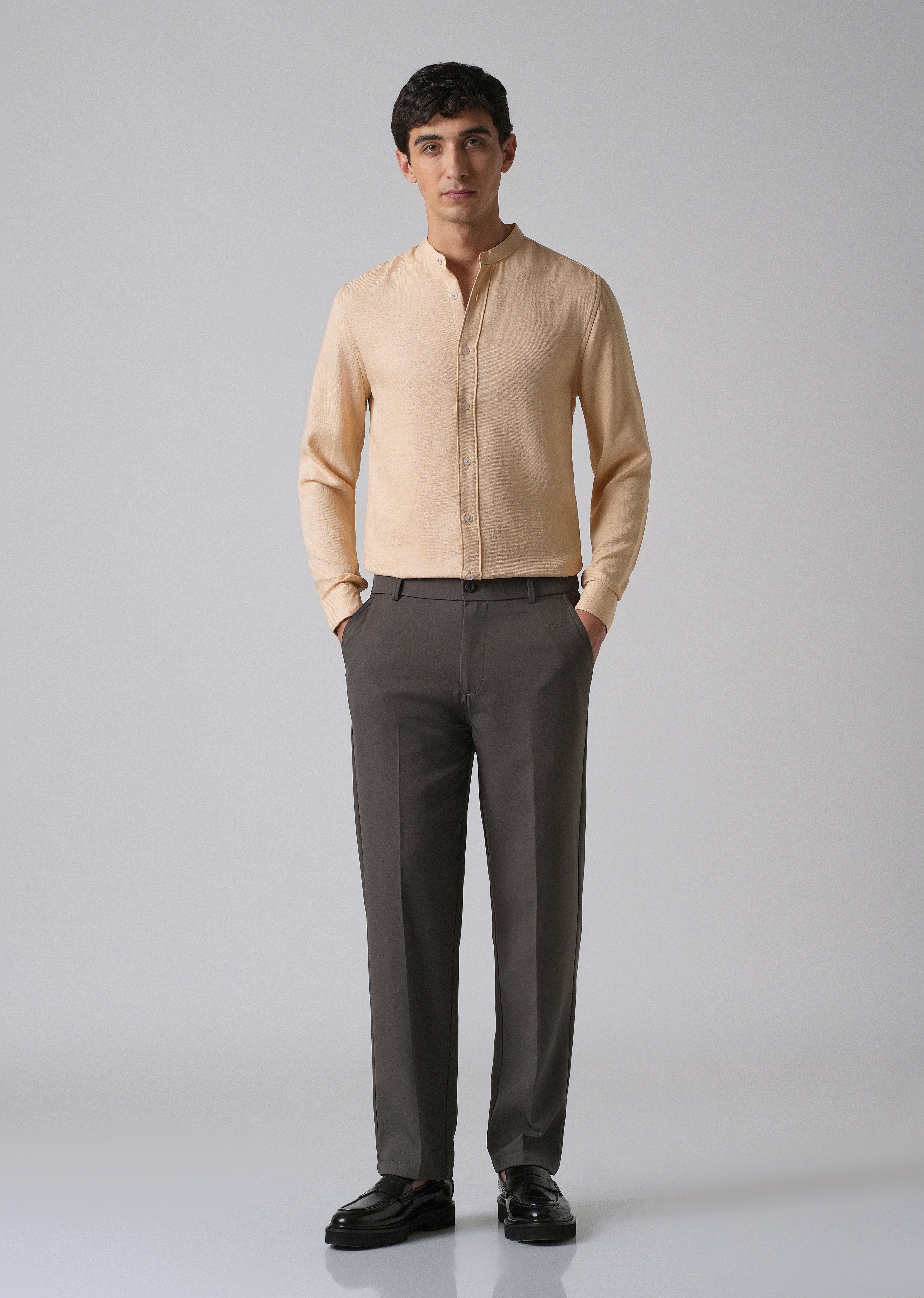 Light Tan Plain Mandarin Collar Shirt