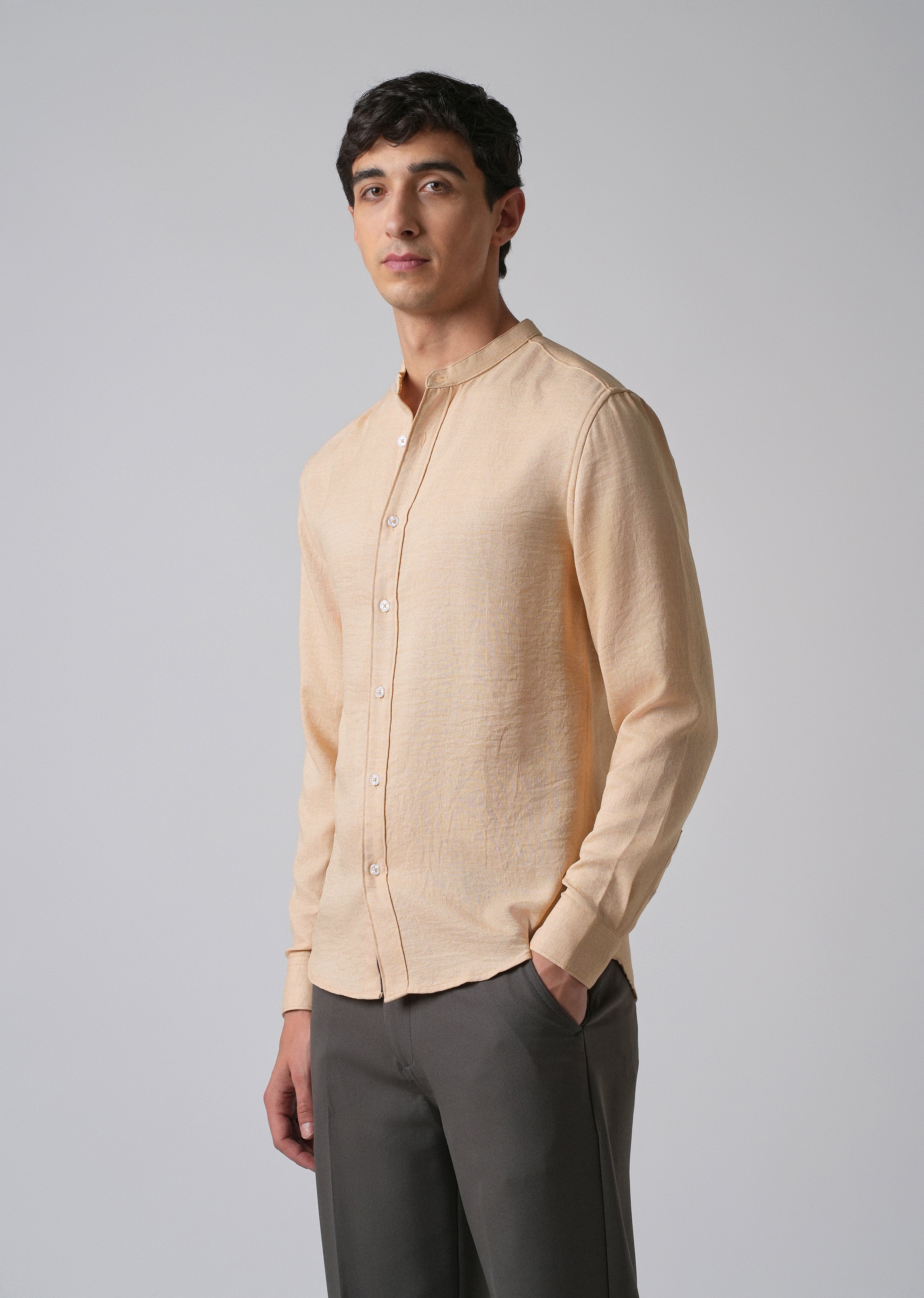 Light Tan Plain Mandarin Collar Shirt