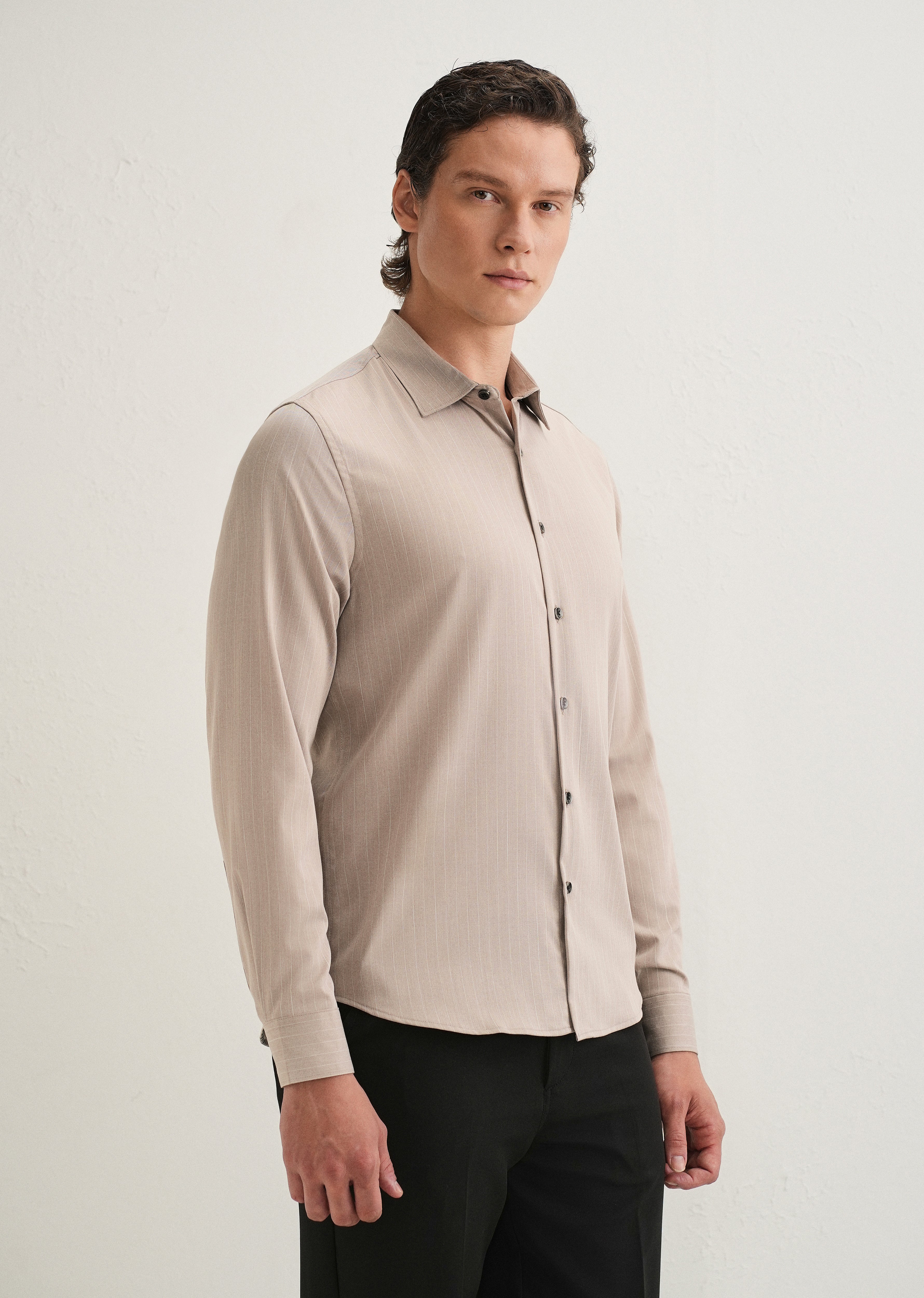 Light Taupe Pin Striped Wrinkle Free Shirt