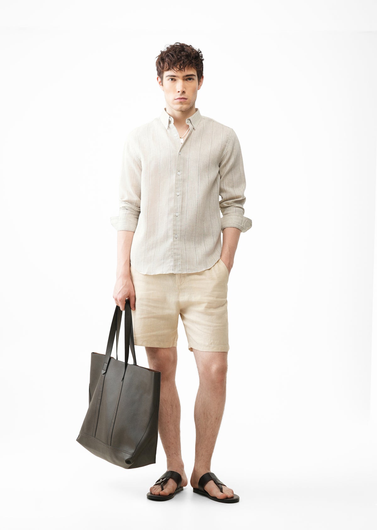 Light Taupe Striped Linen Blend Shirt