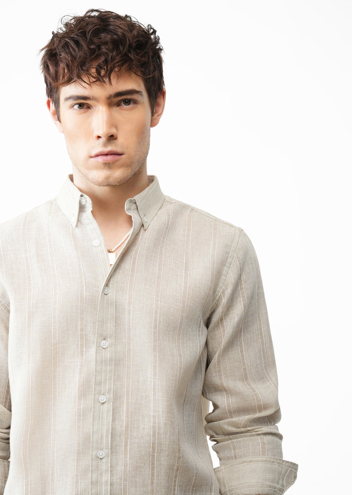 Light Taupe Striped Linen Blend Shirt