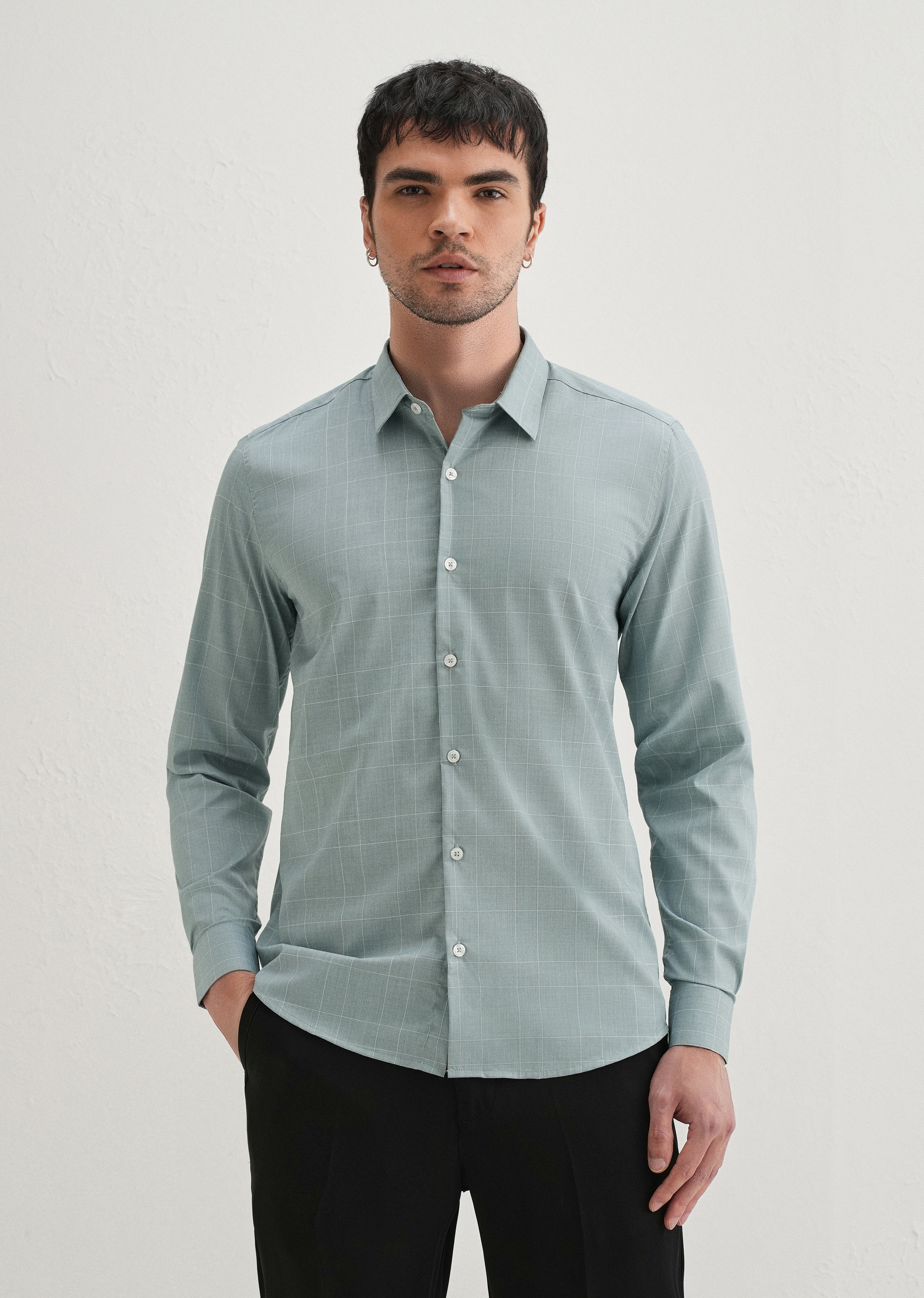 Light Teal Windowpane Check Shirt