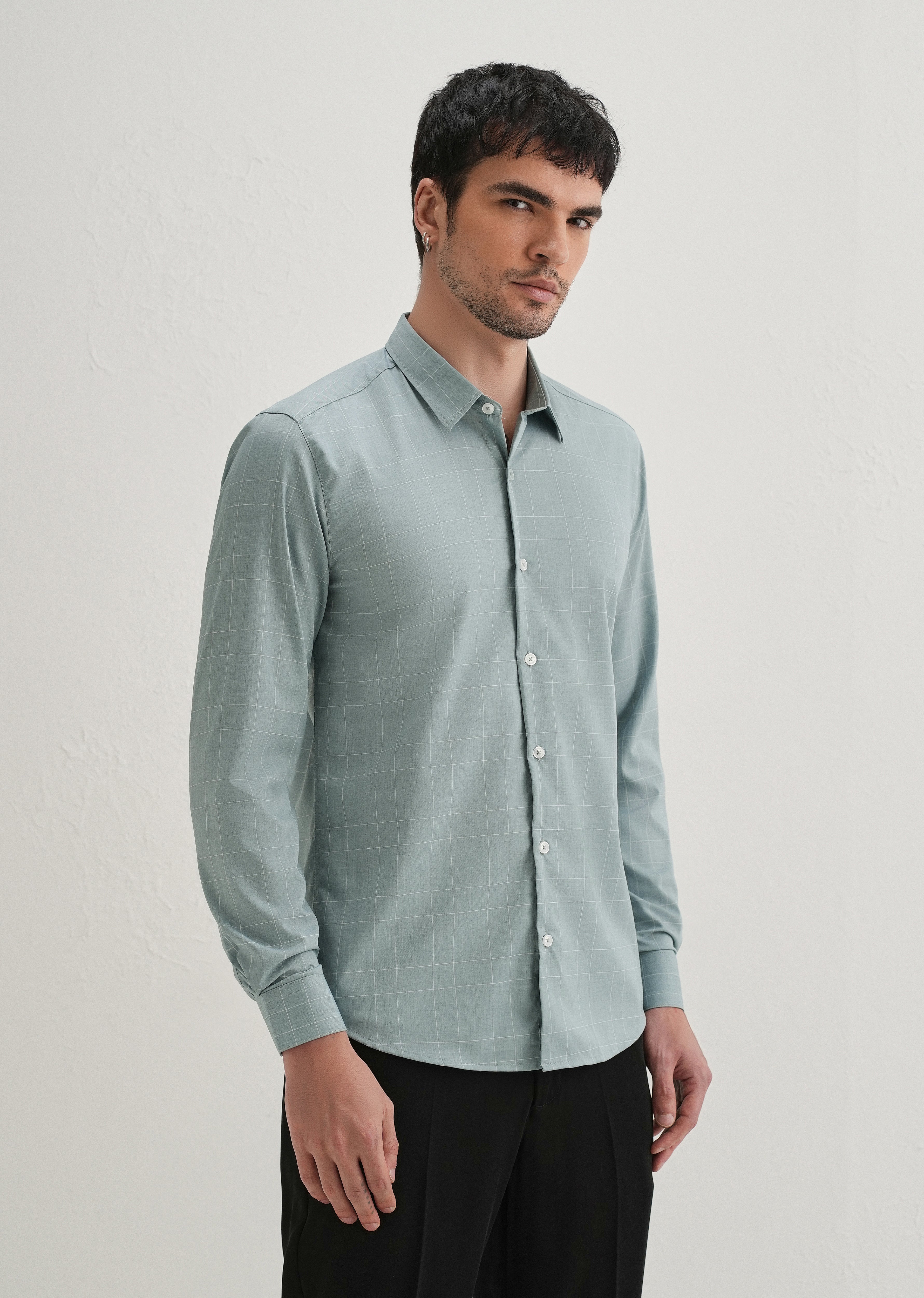 Light Teal Windowpane Check Shirt