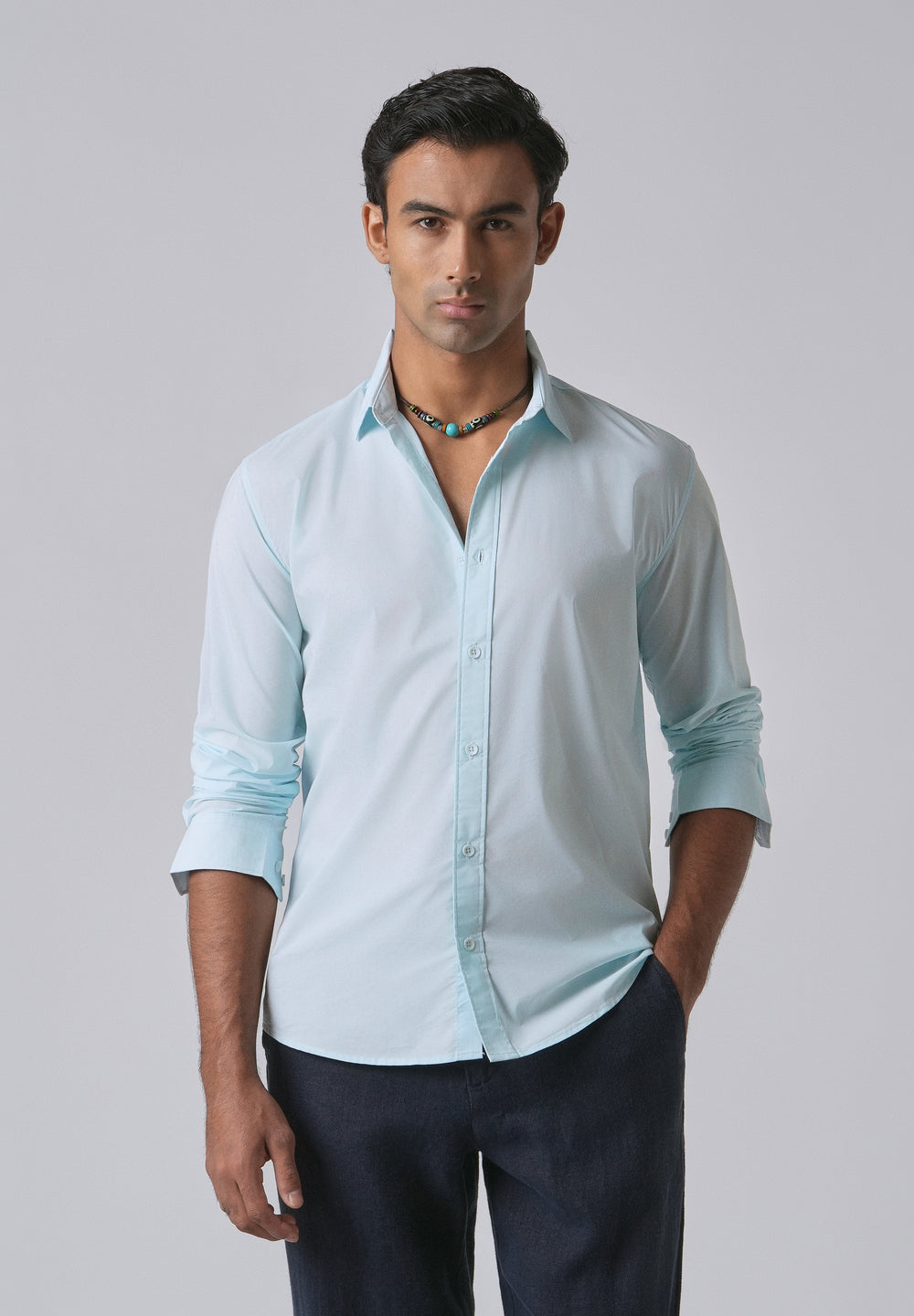Light Blue Plain Blended Cotton Shirt