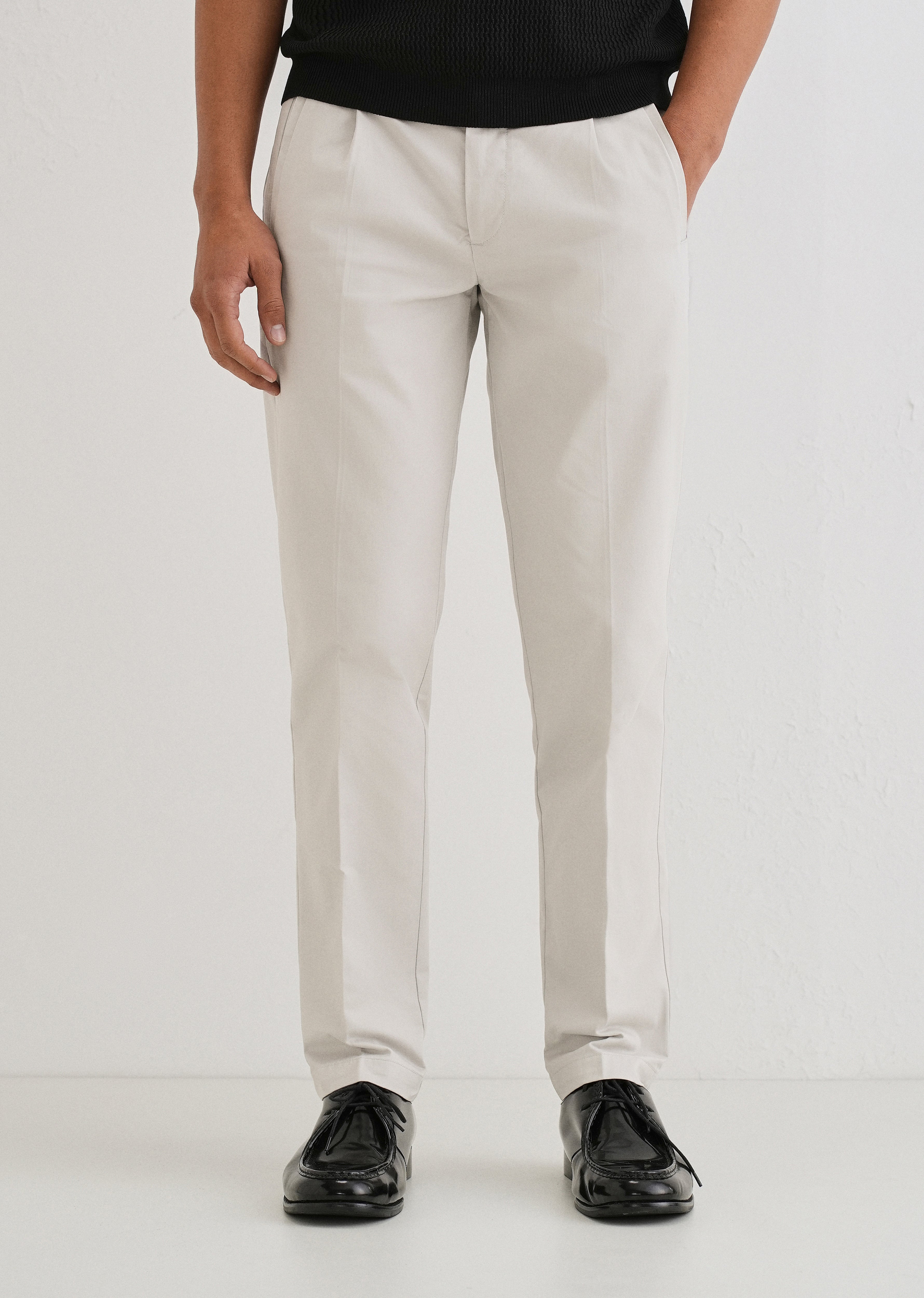 Light Grey Plain Pleated Chinos