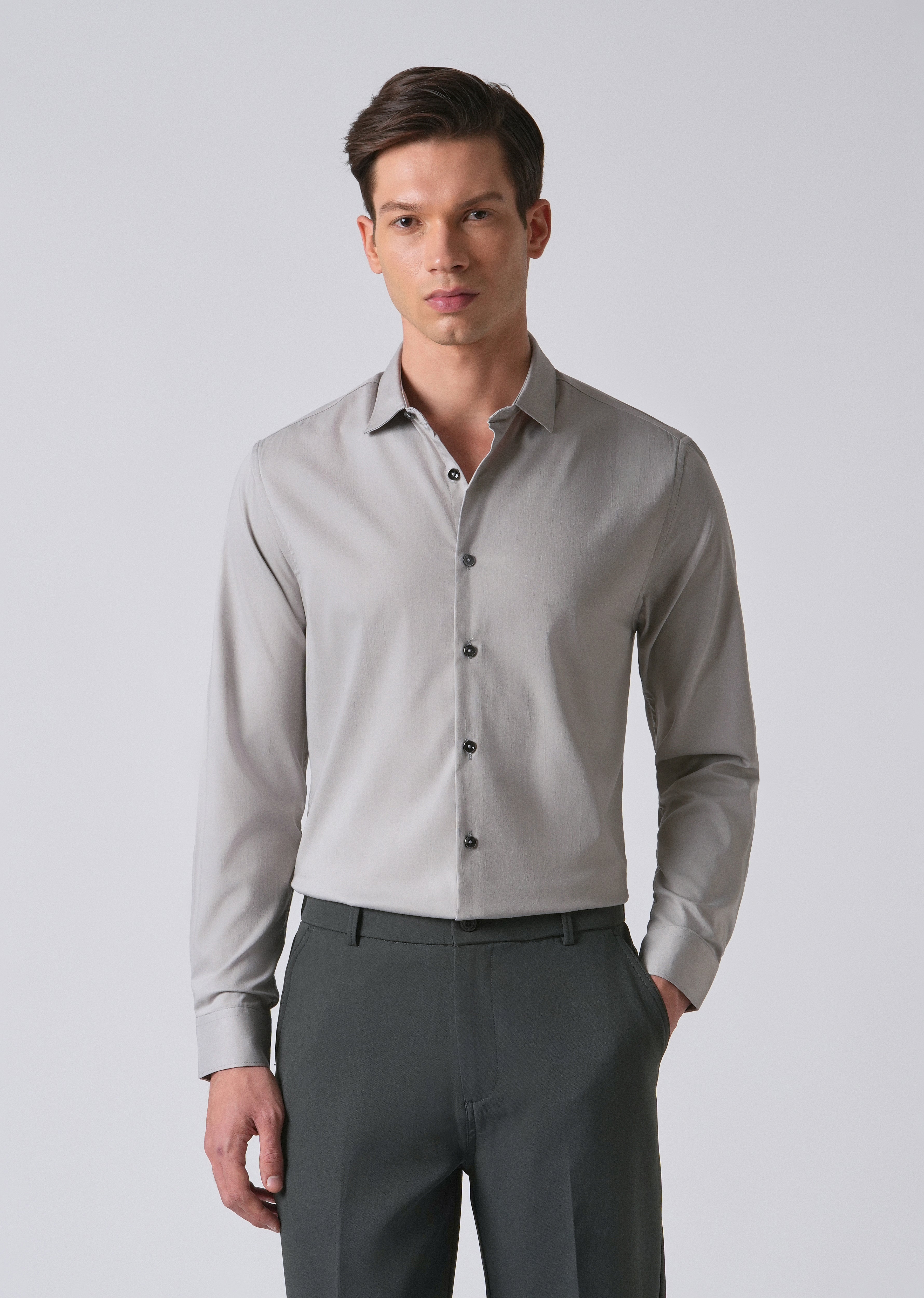 Light Grey Cotton Stretch Plain Shirt