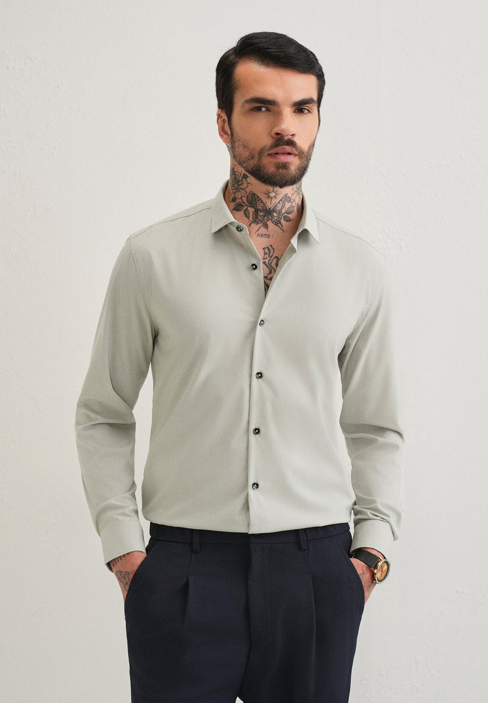 Light Grey Plain Wrinkle Free Shirt