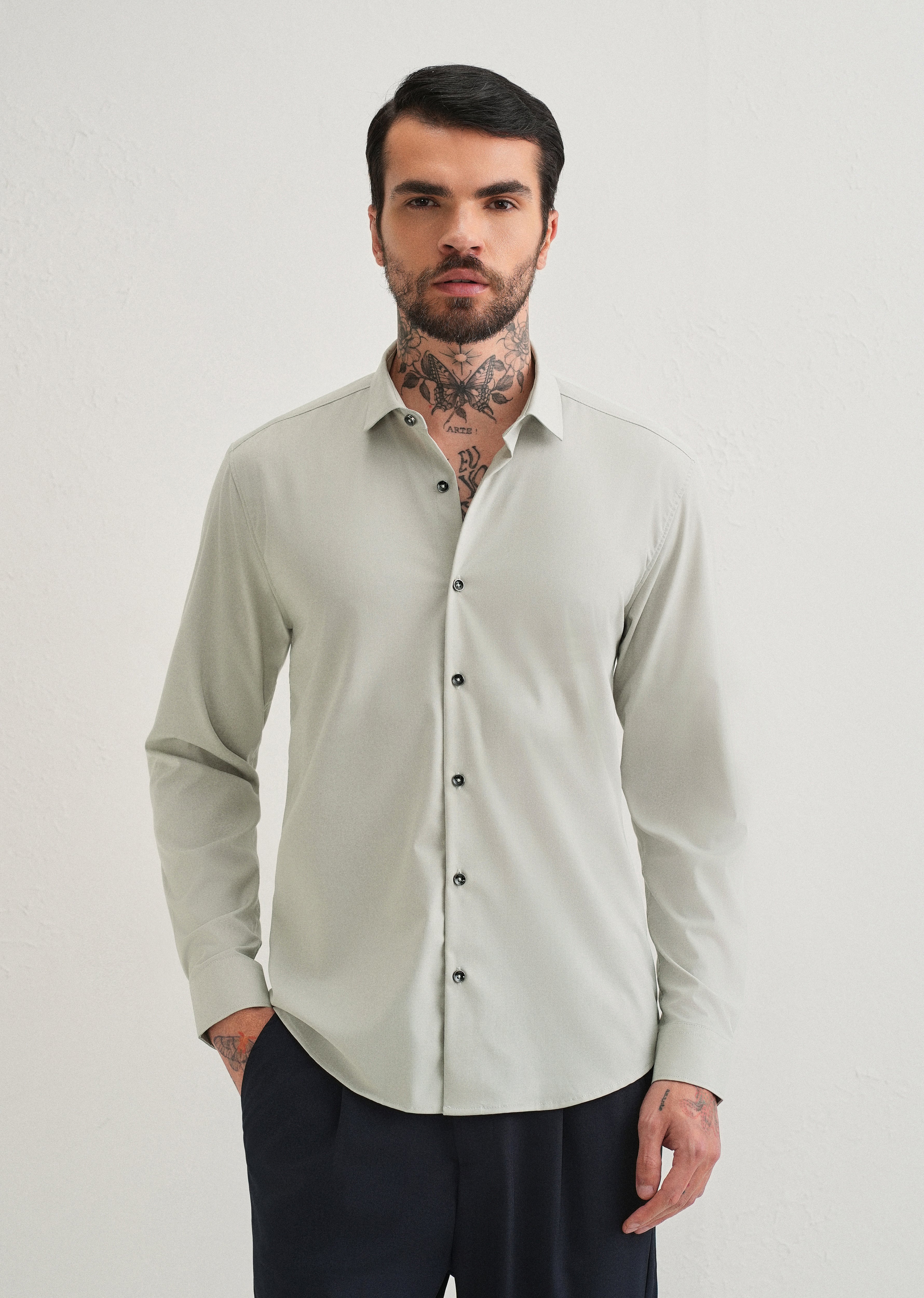Light Grey Plain Wrinkle Free Shirt
