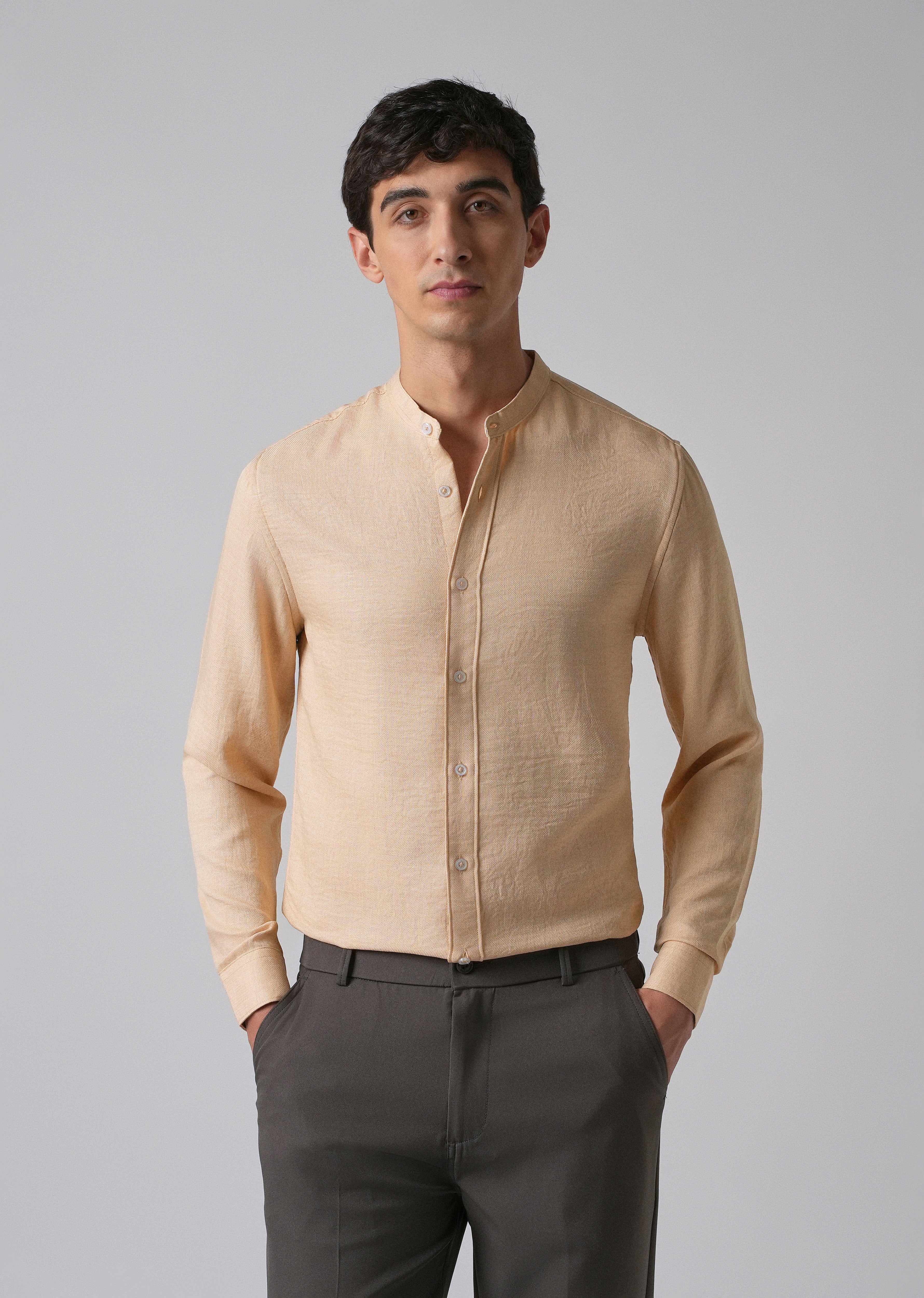 Light Tan Plain Mandarin Collar Shirt