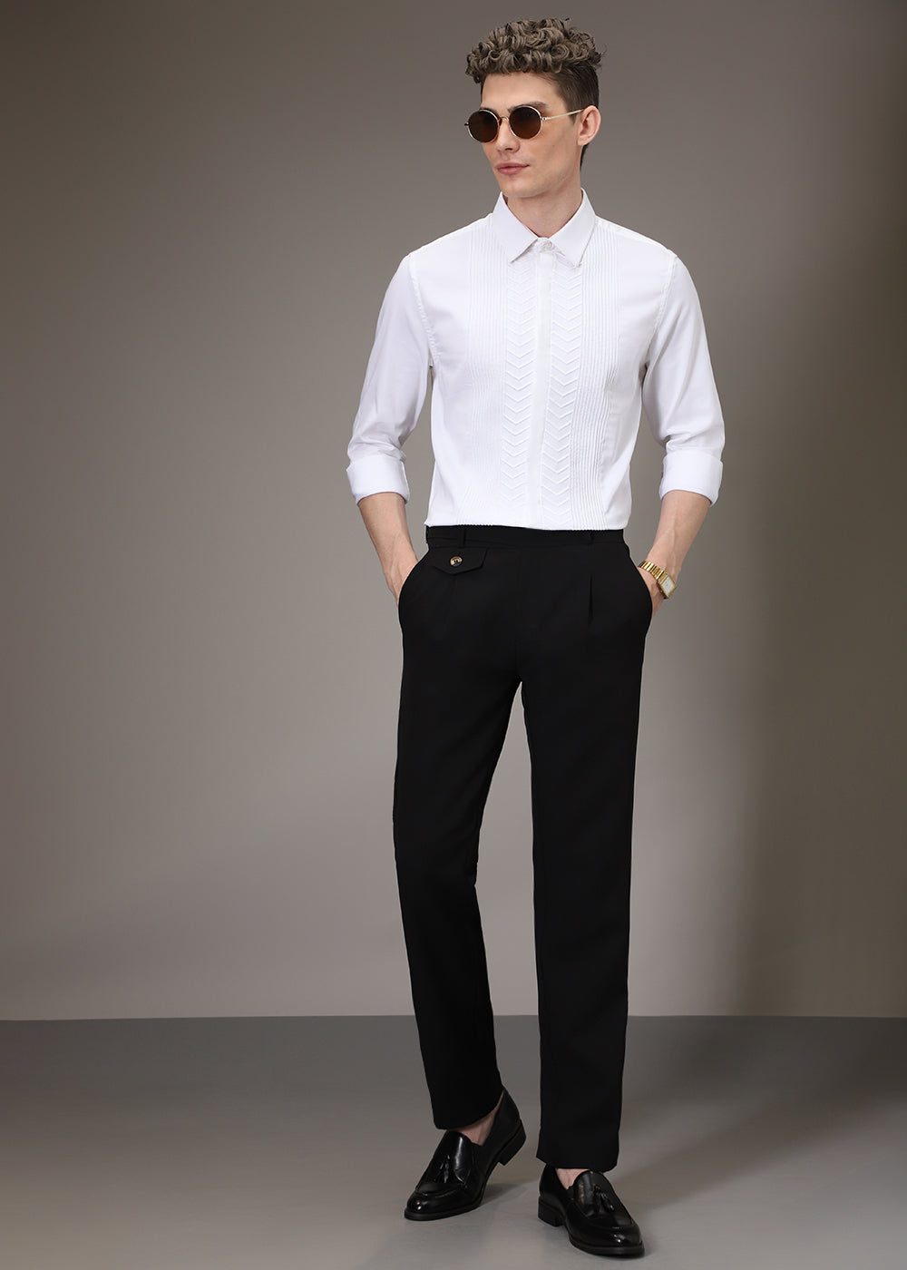 Line Needle Work White Shirt