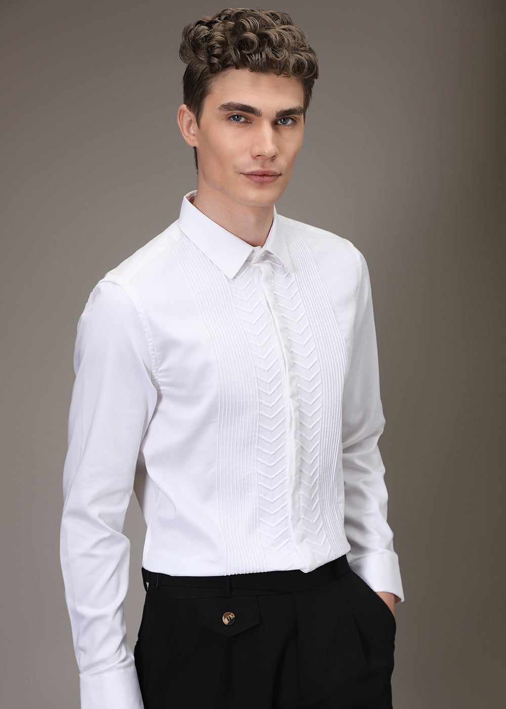 Line Needle Work White Shirt