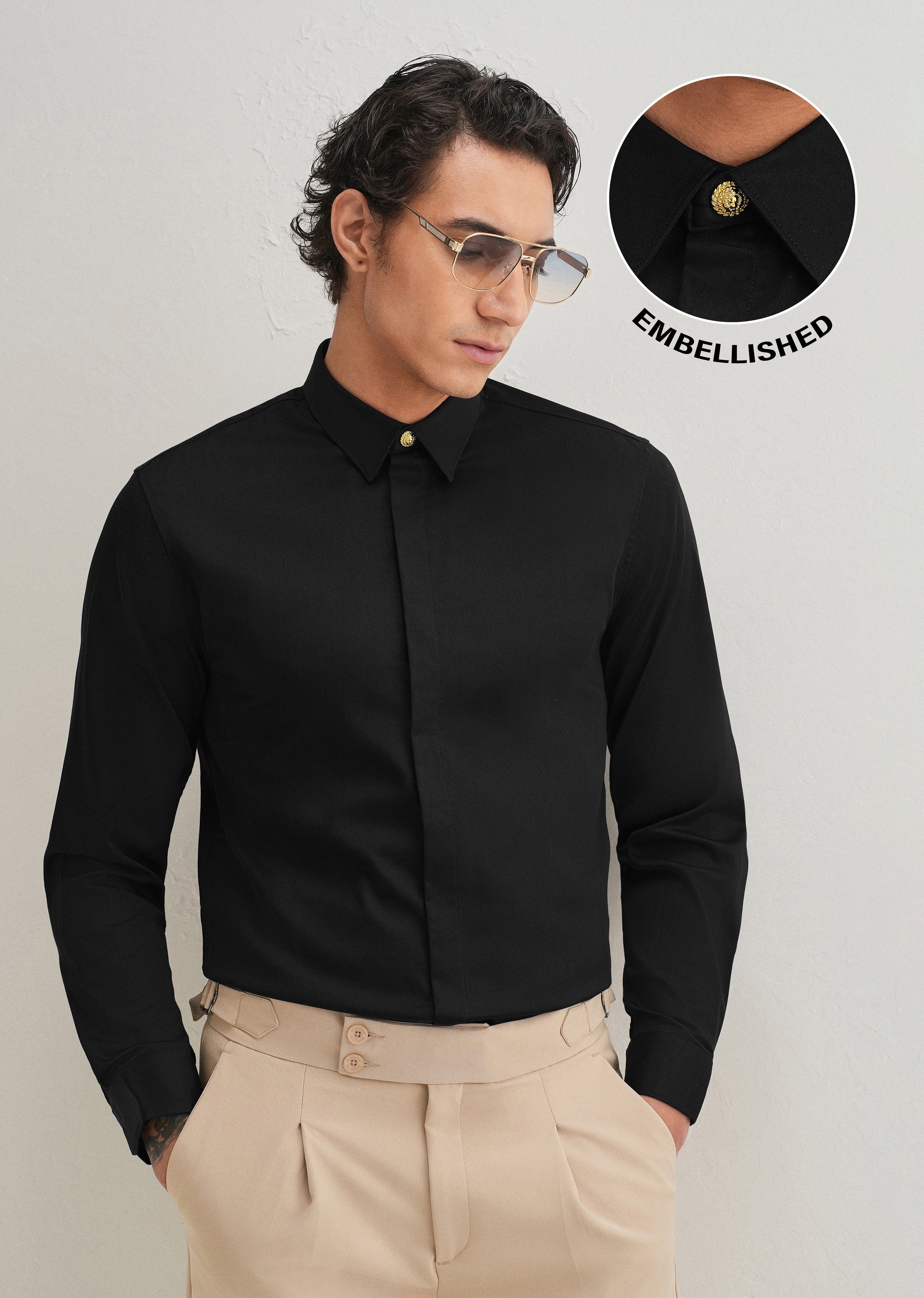 Lion Mane Embellished Black Designer Shirt