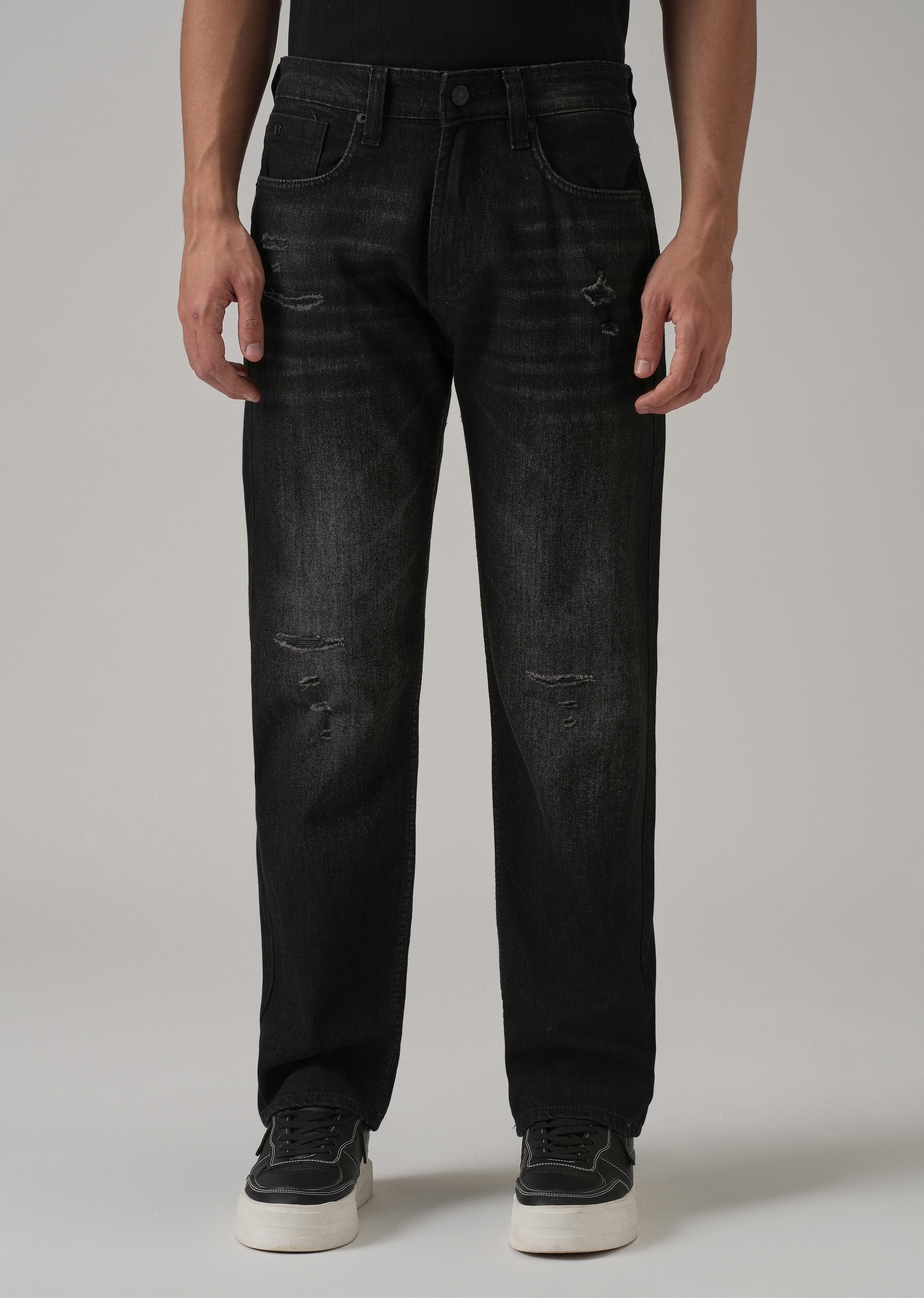 Low Fade Ripped Black Straight Fit Jeans