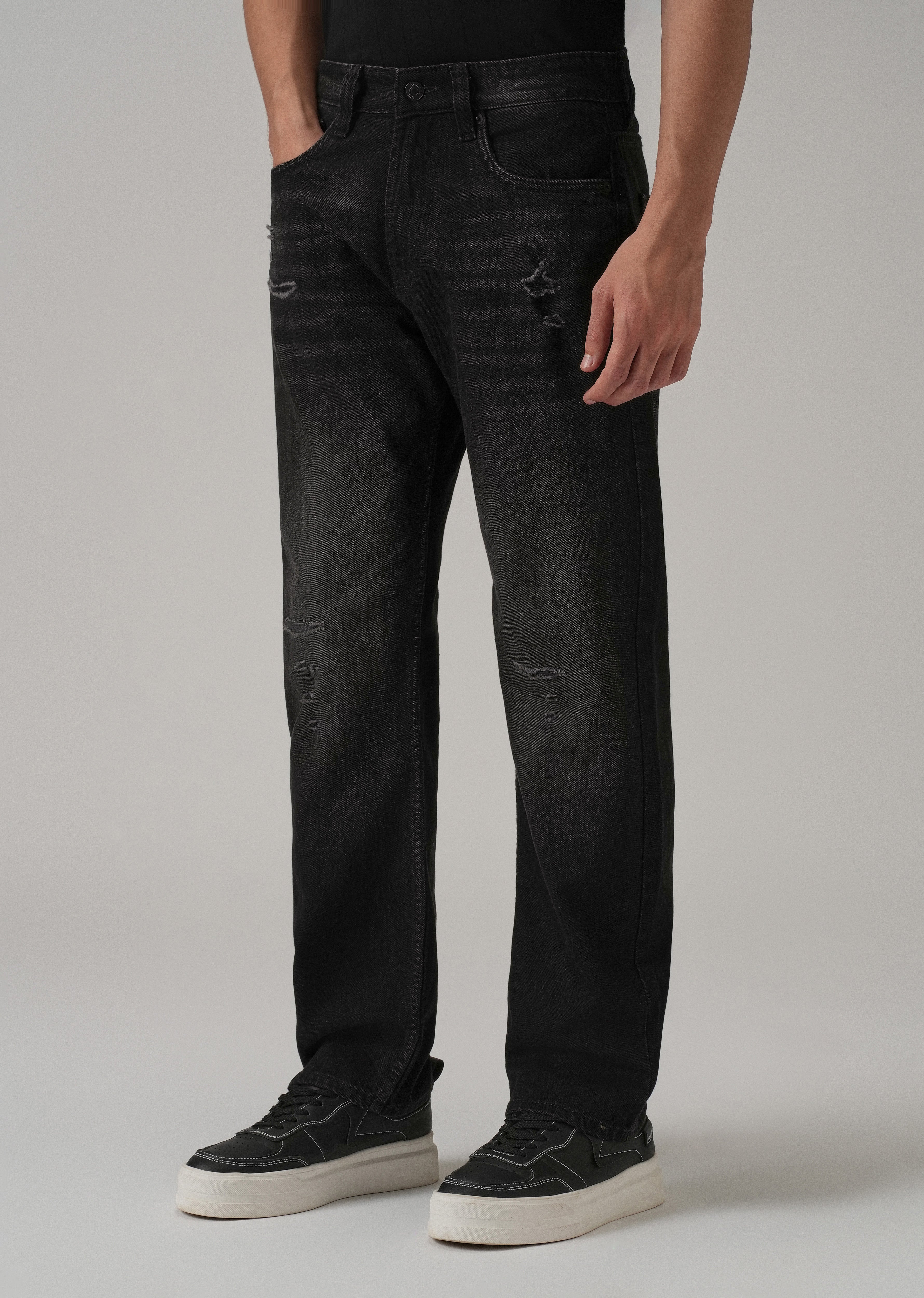 Low Fade Ripped Black Straight Fit Jeans