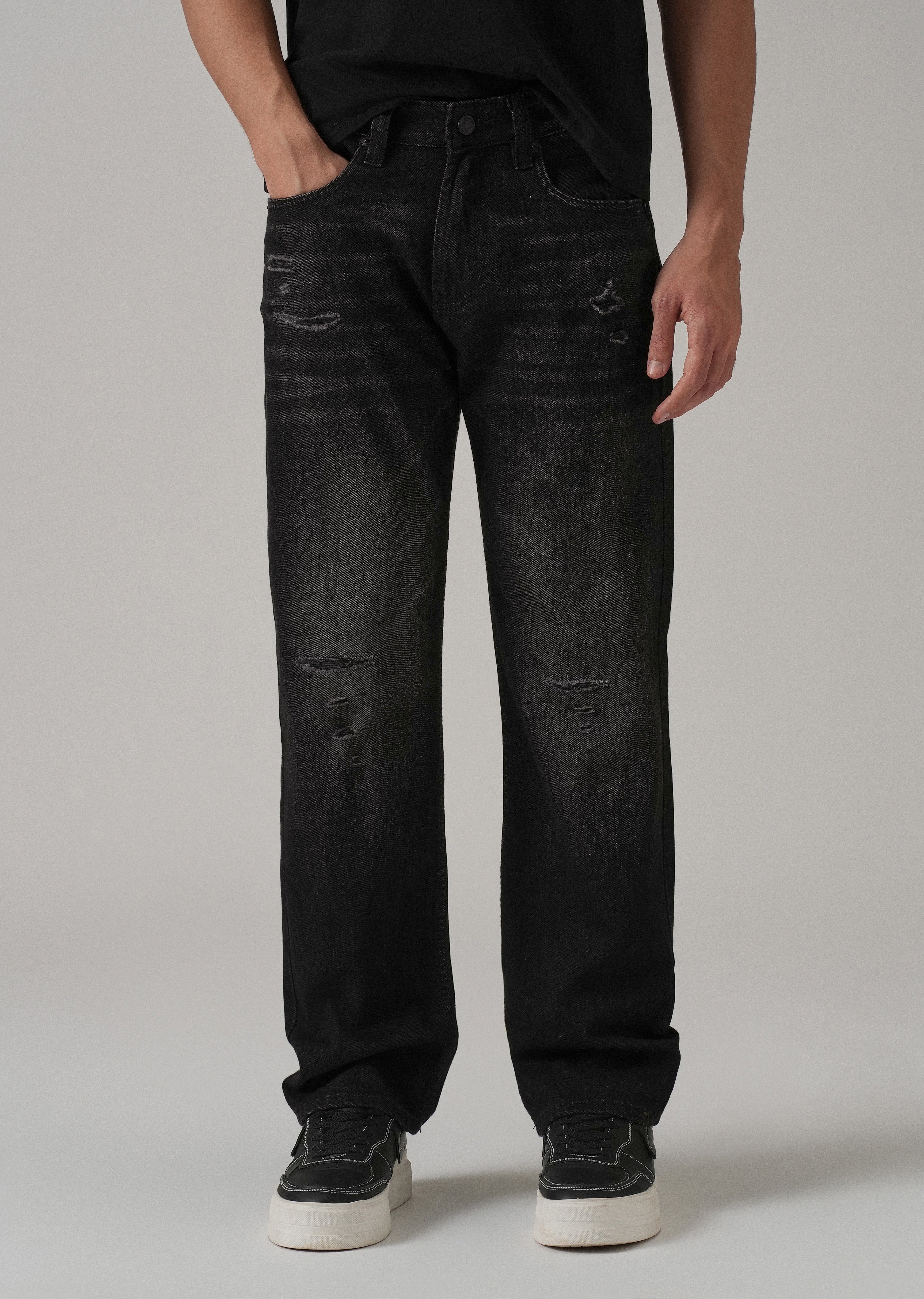 Low Fade Ripped Black Straight Fit Jeans