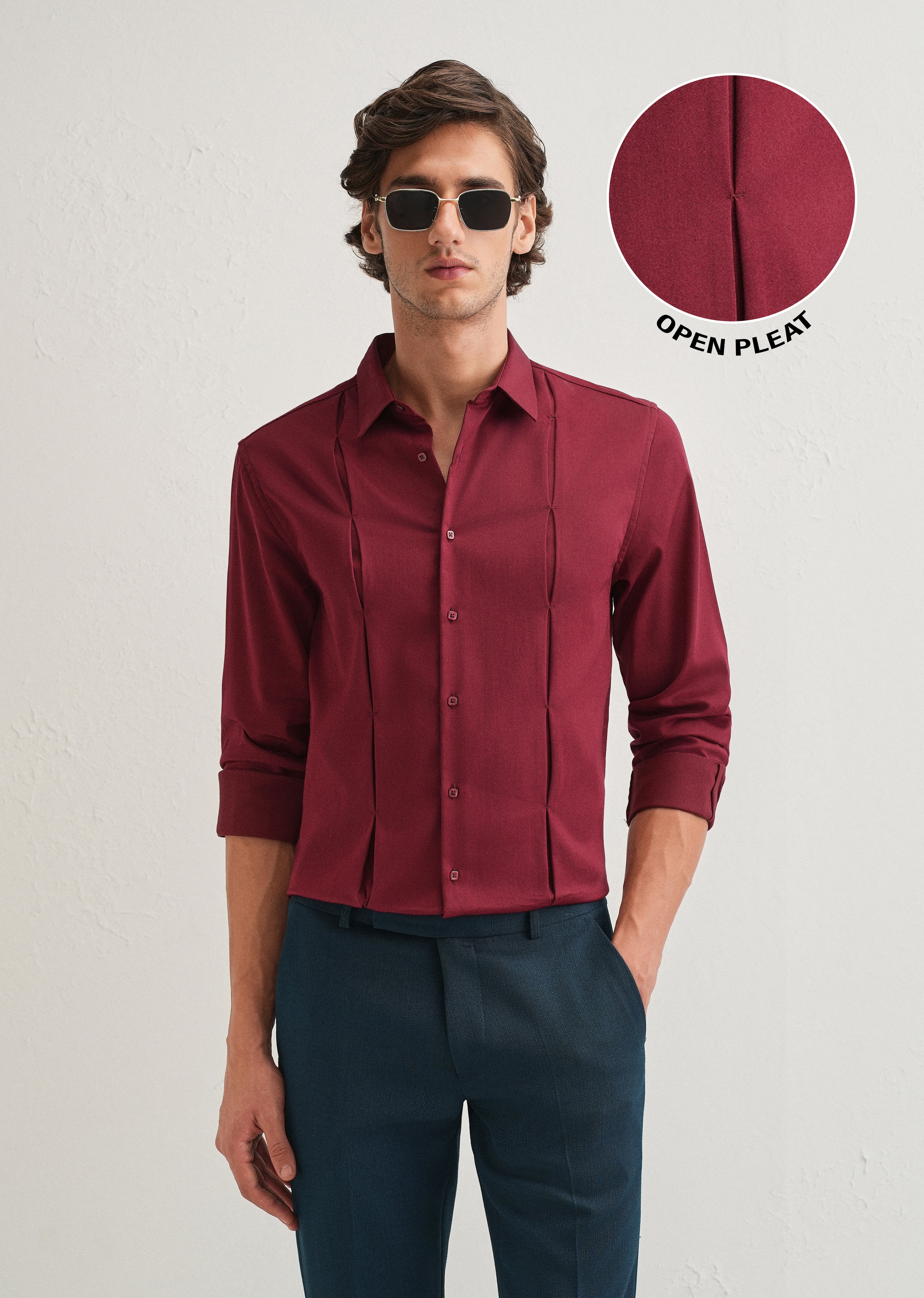 Maroon Front Panel Open Pleat Shirt