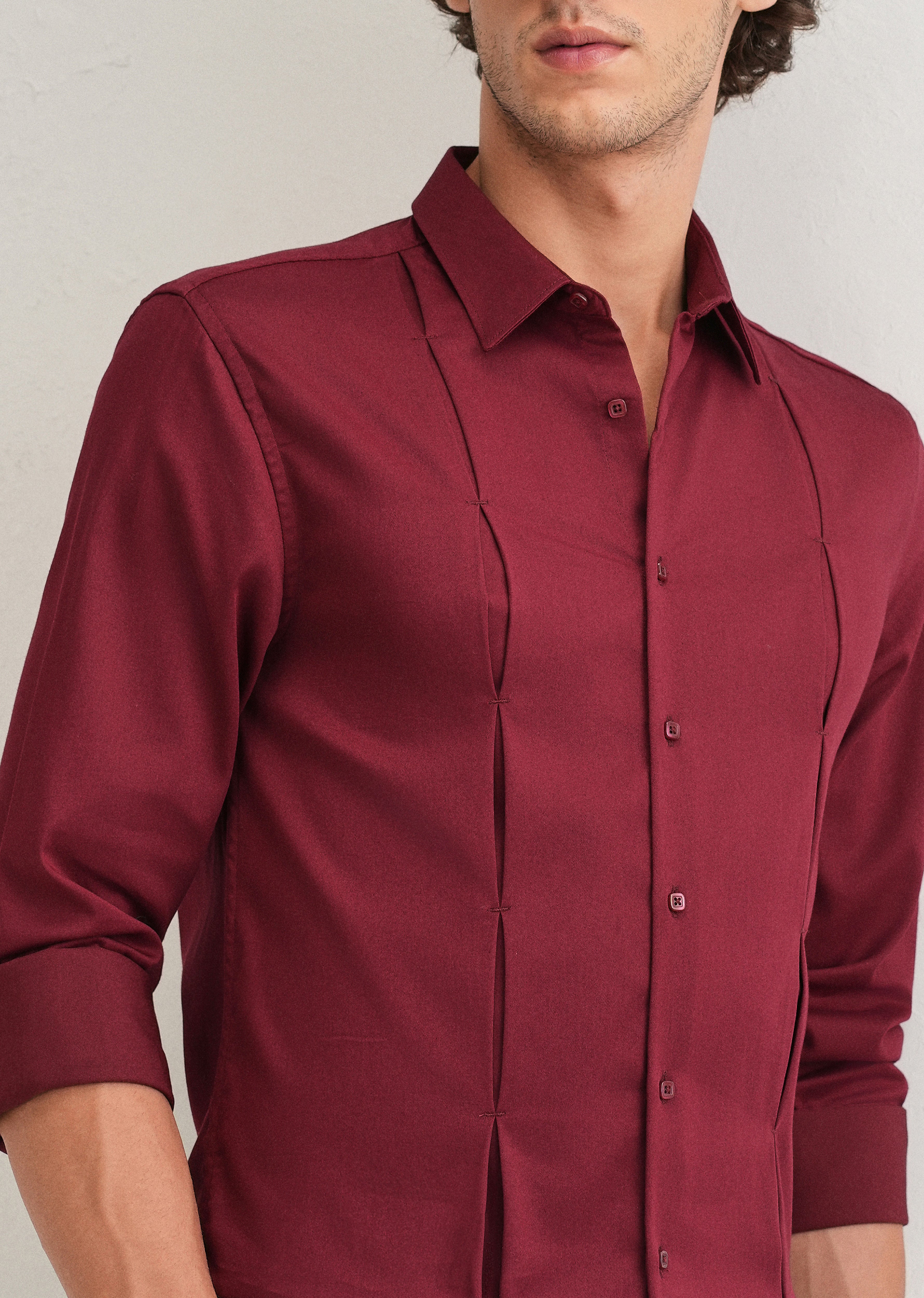 Maroon Front Panel Open Pleat Shirt