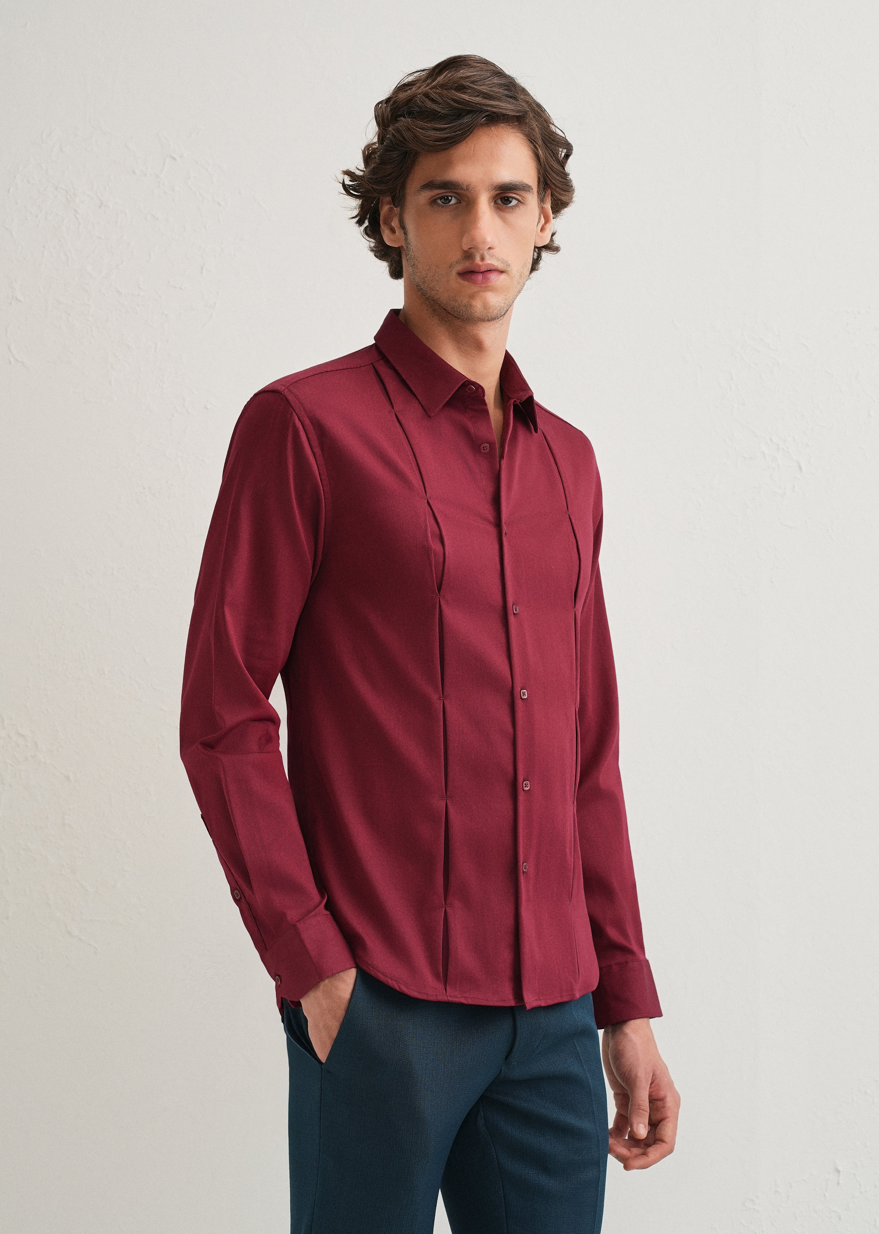 Maroon Front Panel Open Pleat Shirt