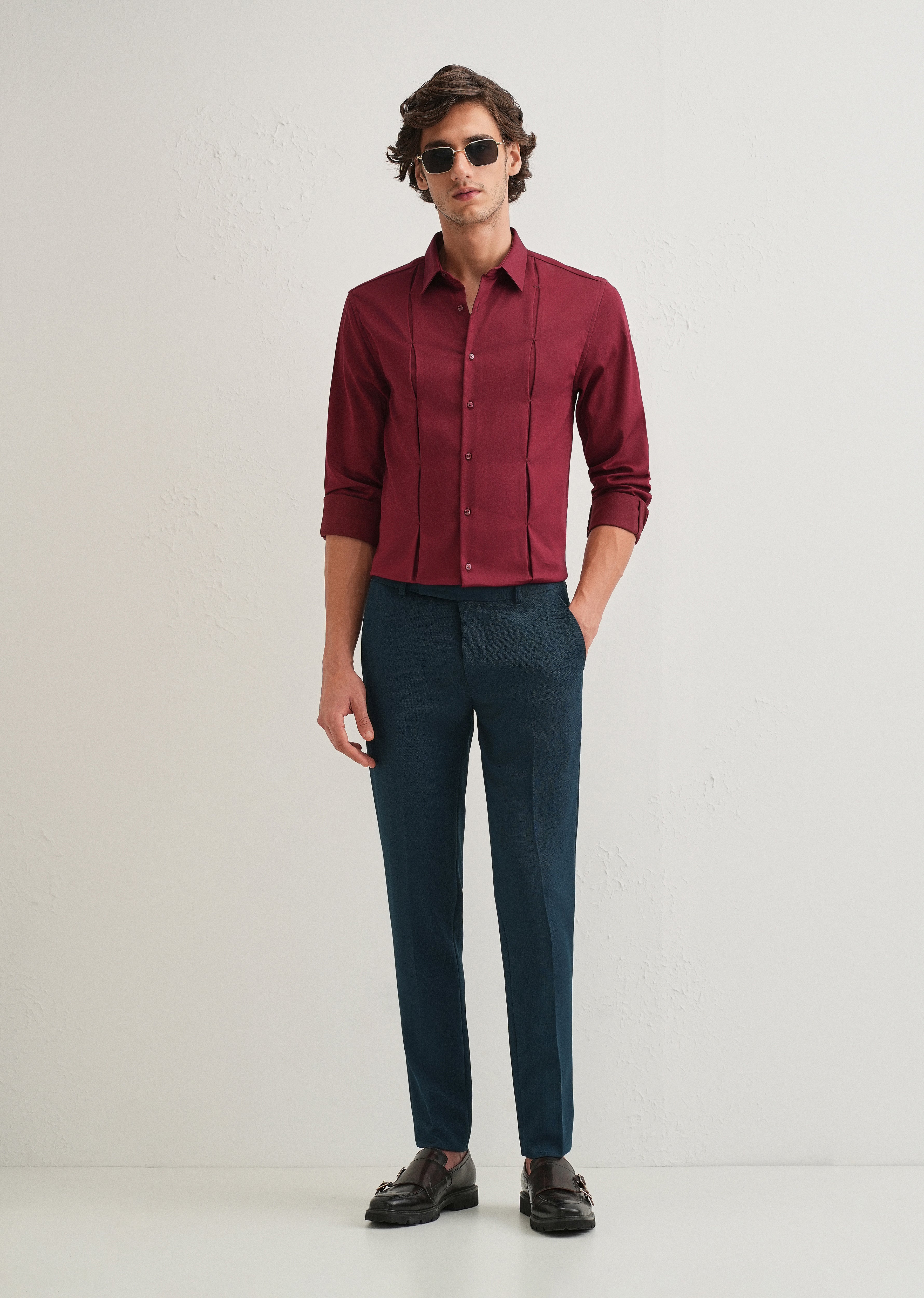 Maroon Front Panel Open Pleat Shirt